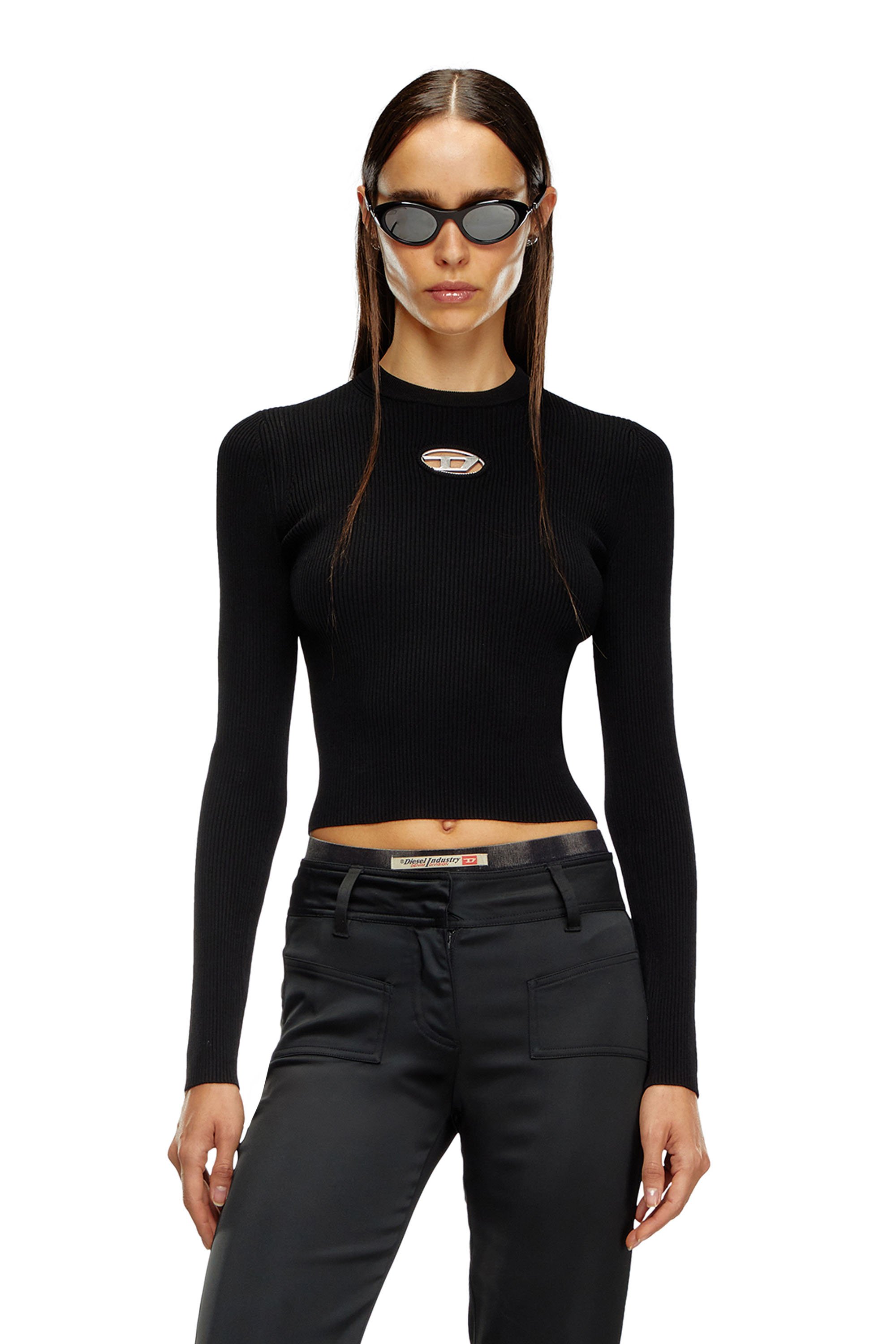 Diesel - M-VALARI, Woman Rib-knit viscose-blend top with Oval D in Black - Image 1
