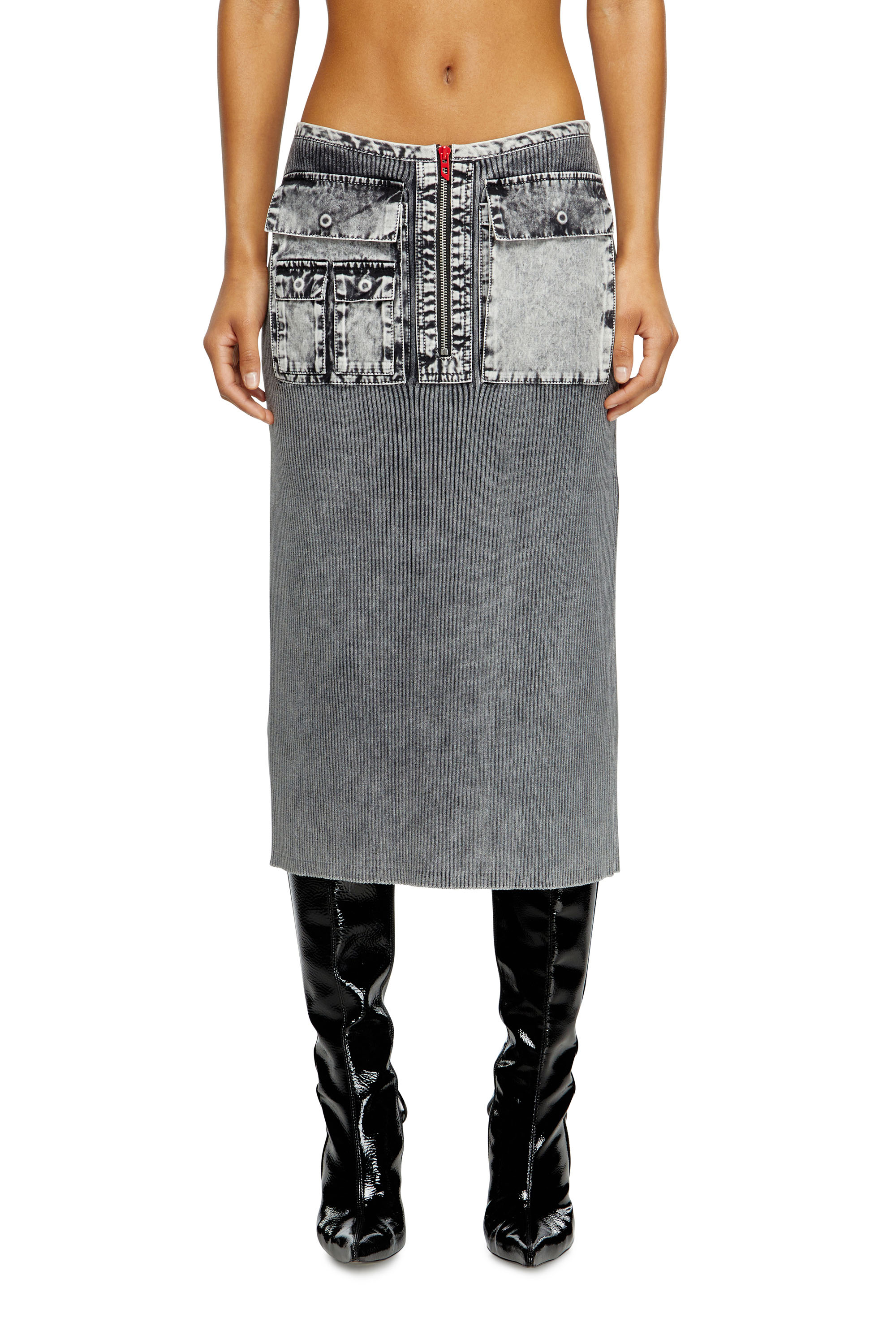 M-MERYN, Dark grey Diesel - M-MERYN, Woman's Knit midi skirt with denim cargo pockets in Dark grey - 3