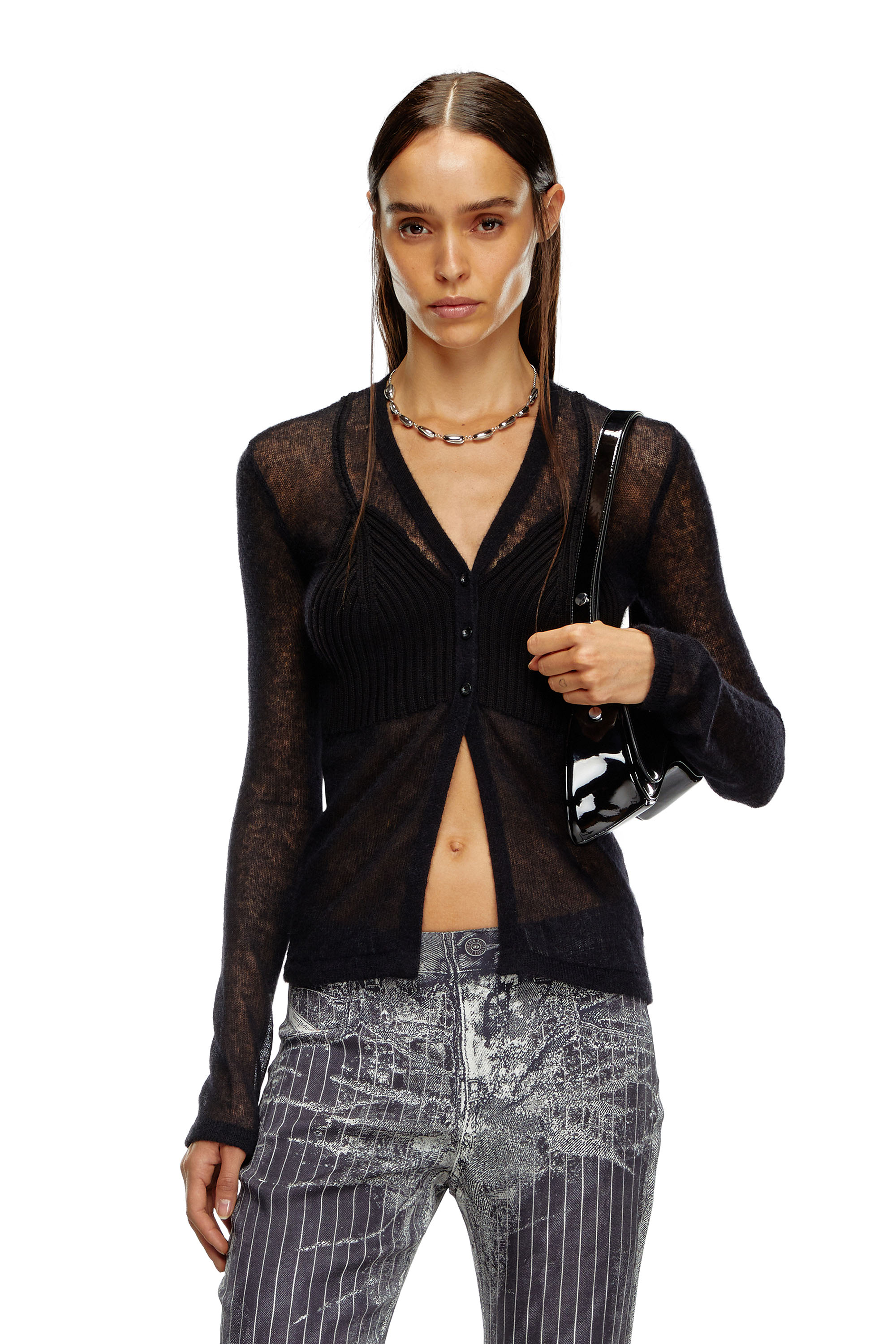 Diesel - M-ARINA, Woman Sheer cardigan with bra detail in Black - Image 1