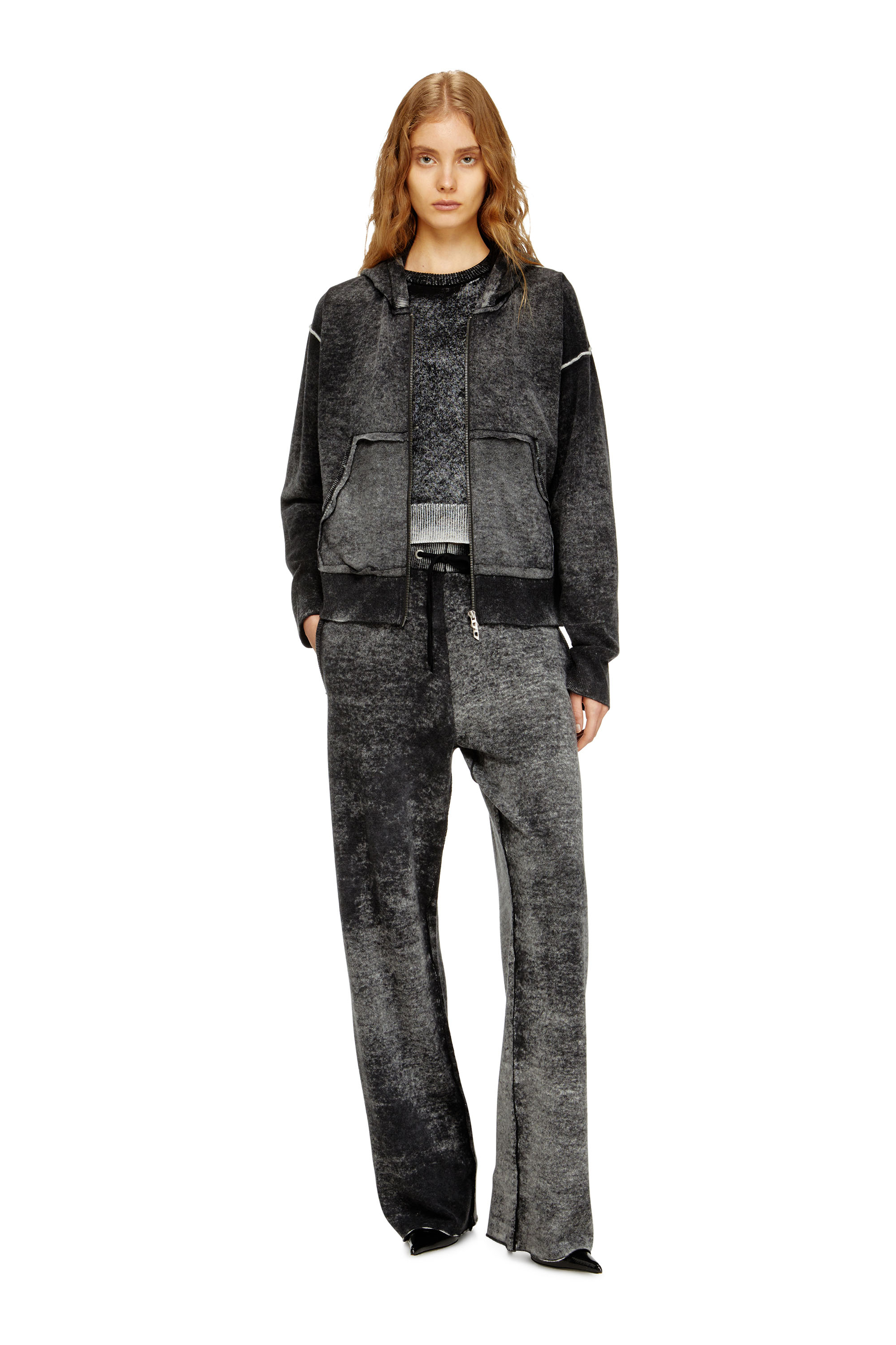 Diesel - M-HERMINE, Woman's Reverse-print hooded cardigan in wool in Black/Grey - 2