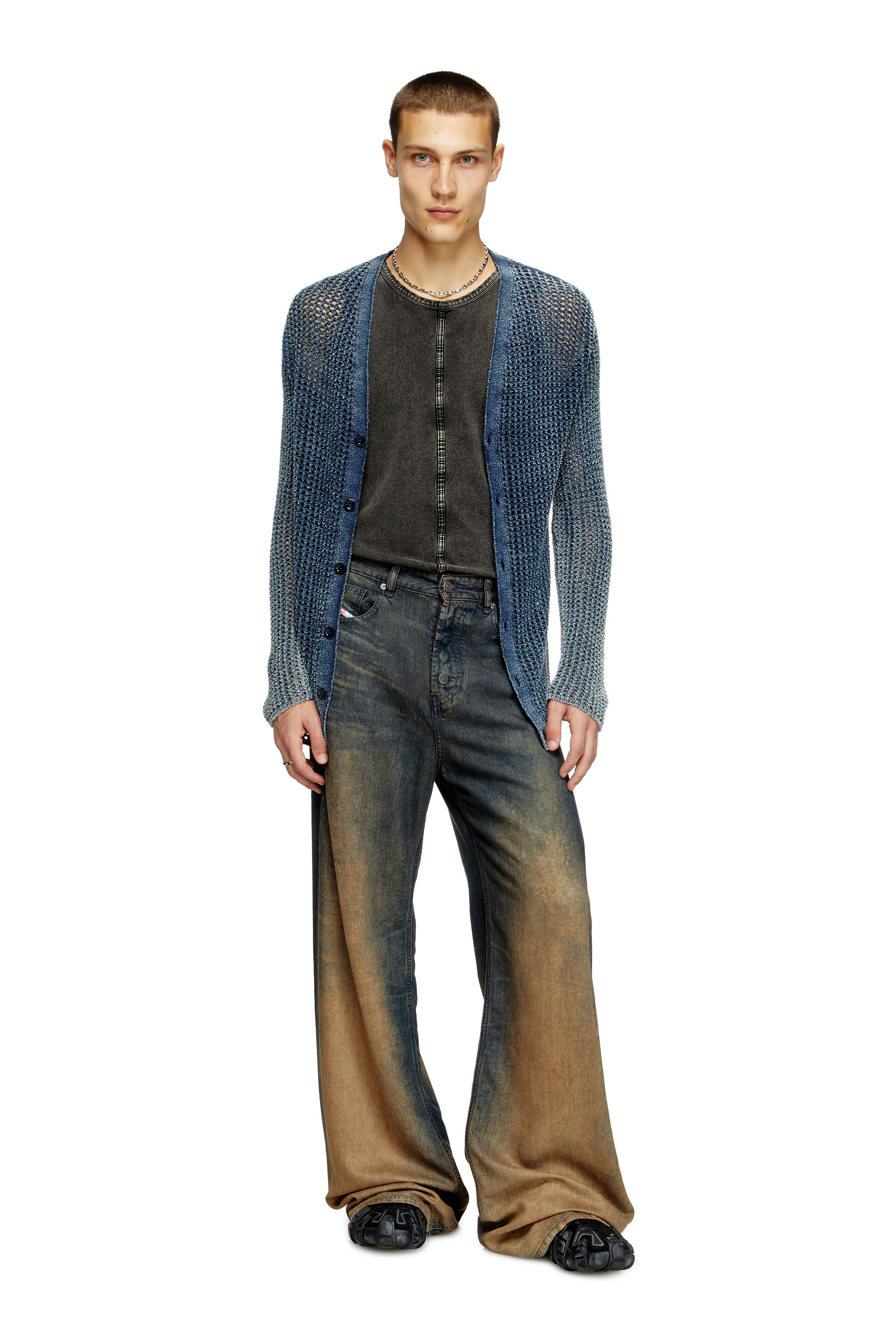 Diesel - K-REDRAM, Man's Mesh-knit cardigan in denim yarn in Blue - 1