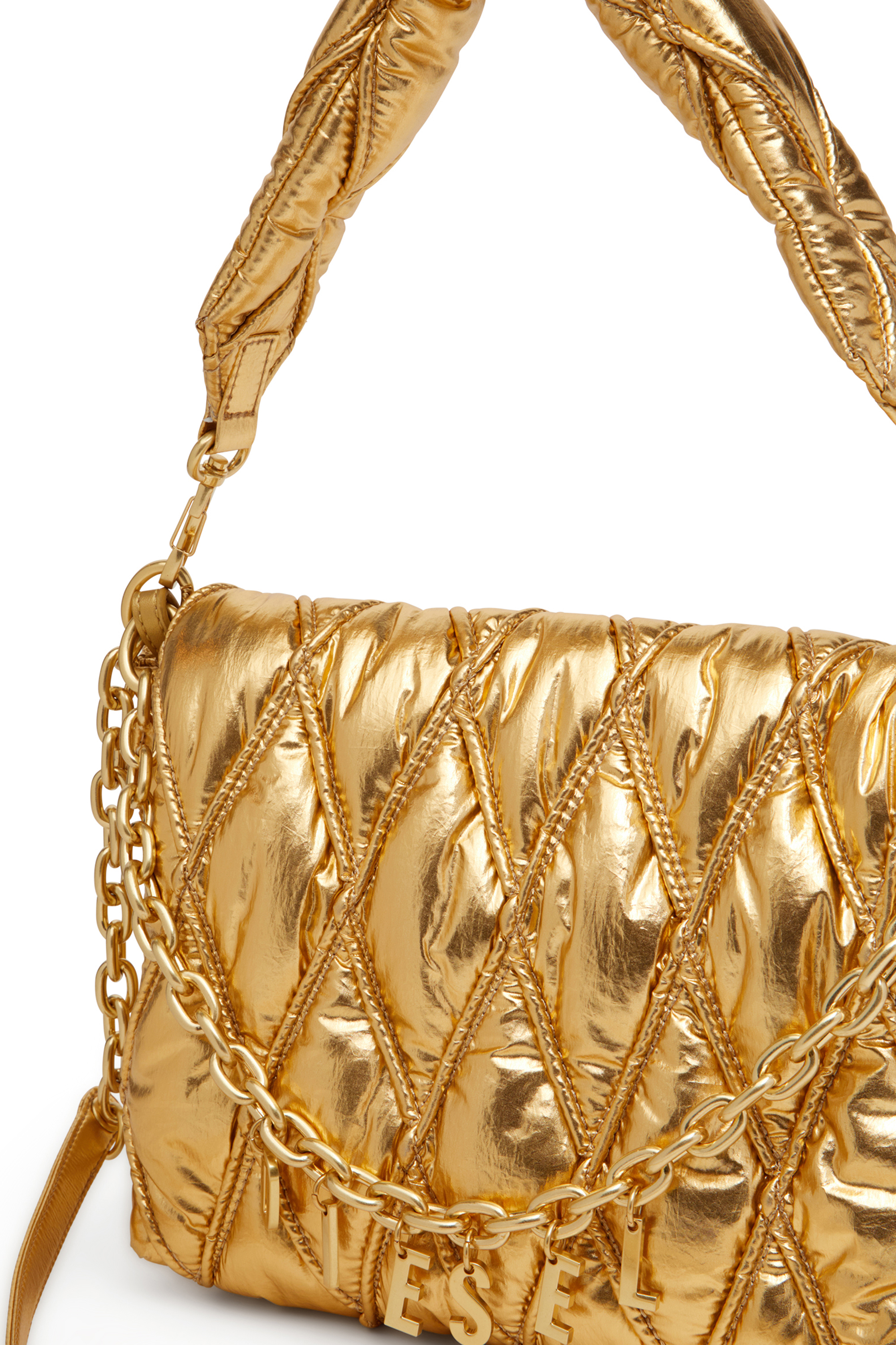 Diesel - CHARM-D SHOULDER M, Woman's Charm-D M-Shoulder bag in quilted metallic nylon in Gold - 5