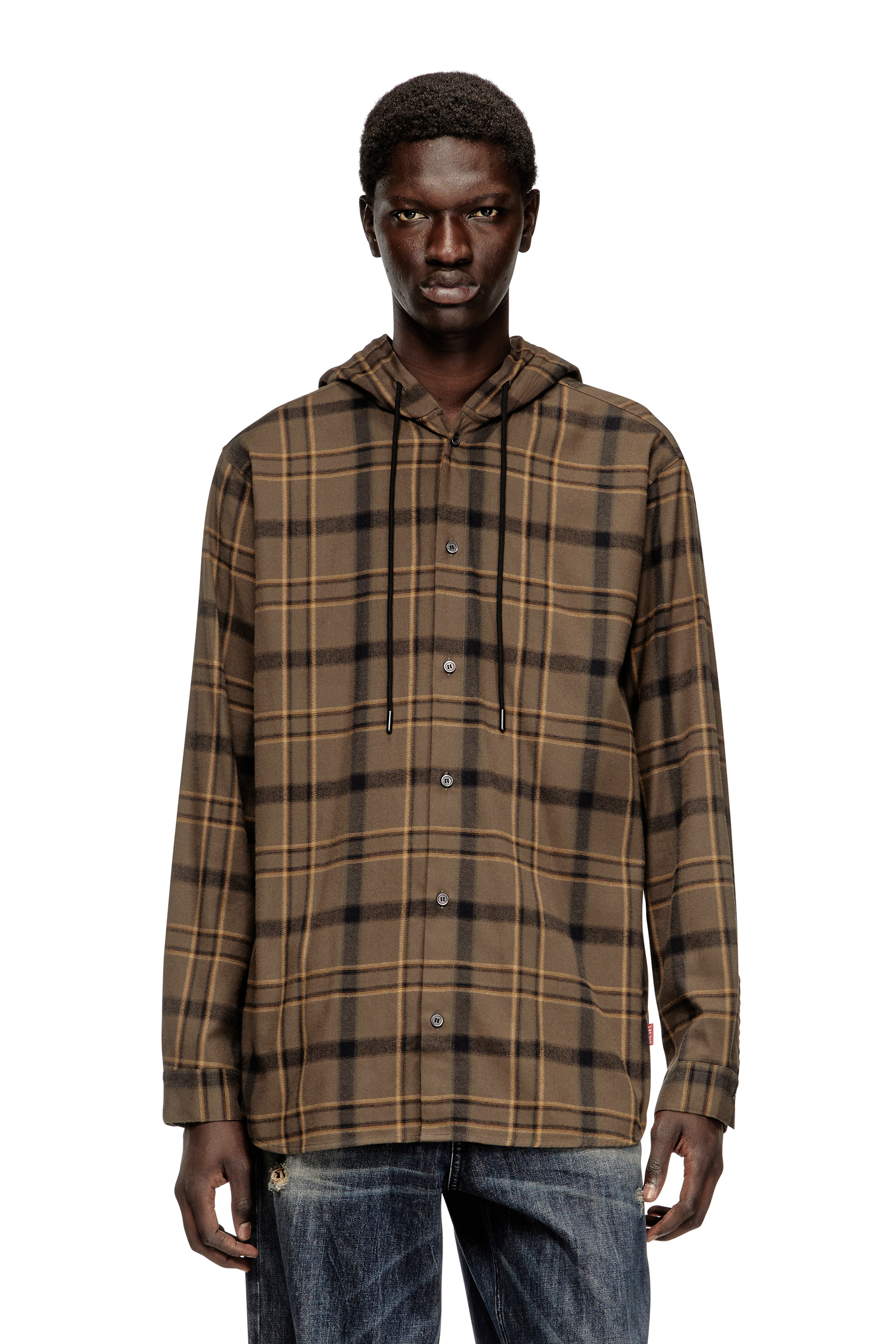 Diesel - S-IX, Man's Hooded shirt in check flannel with logo in Beige/Brown - 1