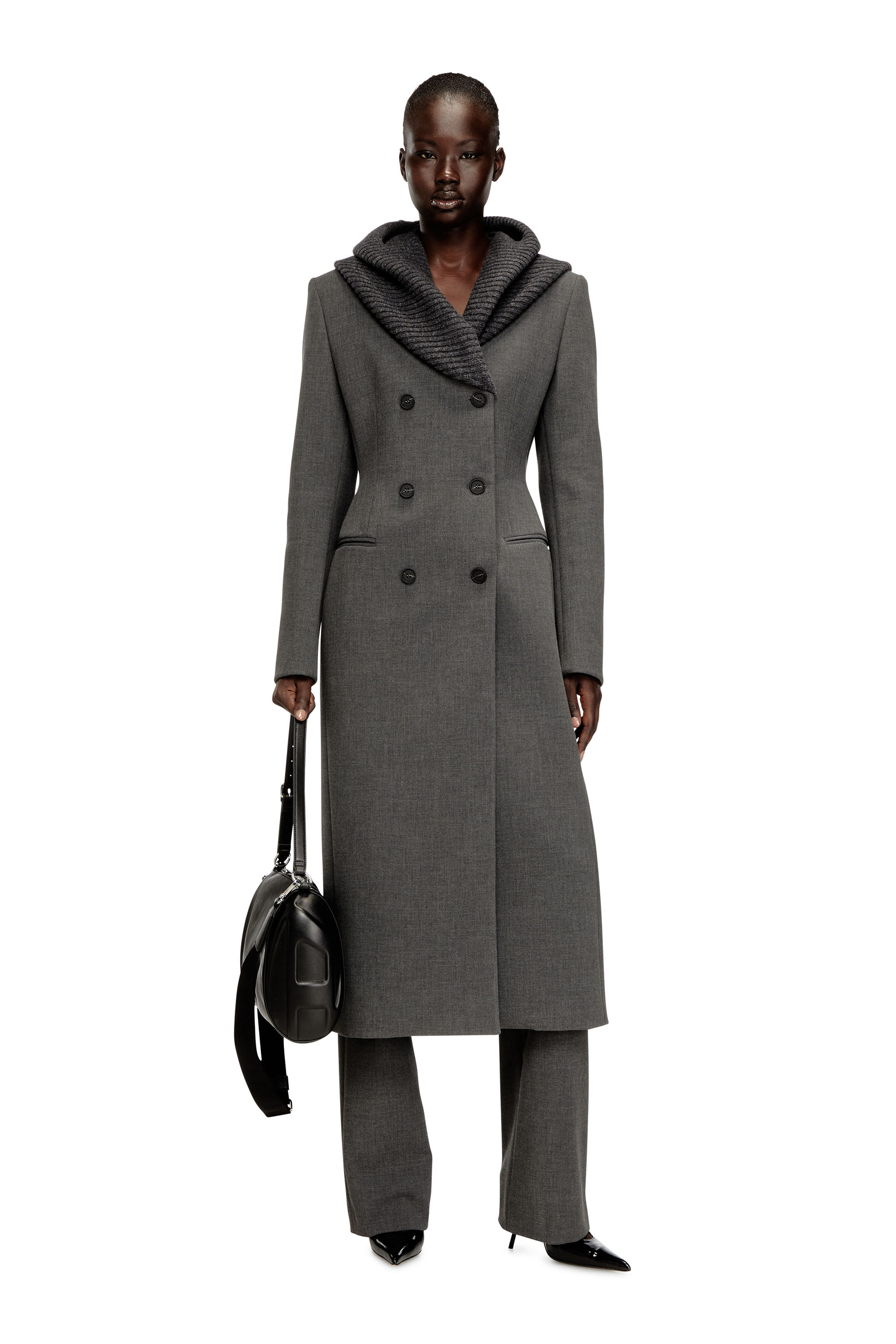 Diesel - G-OLDEN-LONG, Woman's Long hourglass coat with knitted cowl hood in Grey - 2