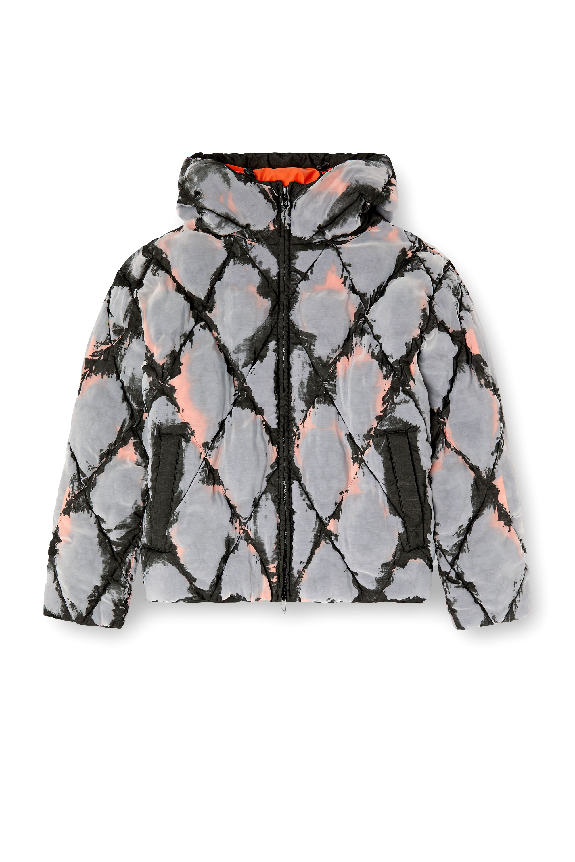 Diesel - W-DOM, Man's Hooded devoré argyle puffer jacket in Black/Orange - 3