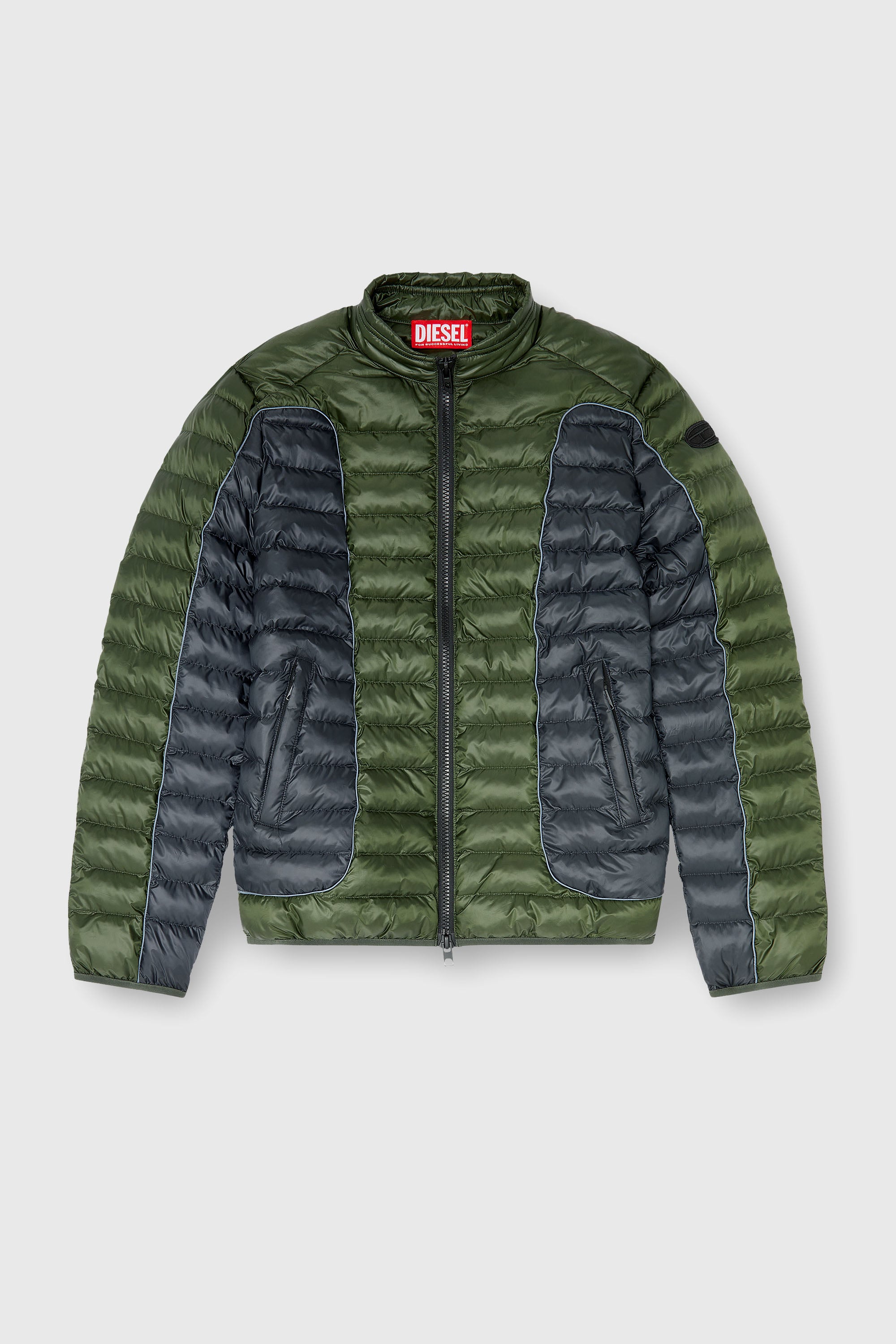 Diesel - W-PILOT-BLOCK, Man's Biker-style puffer jacket with colour-block design in Grey/Green - 2