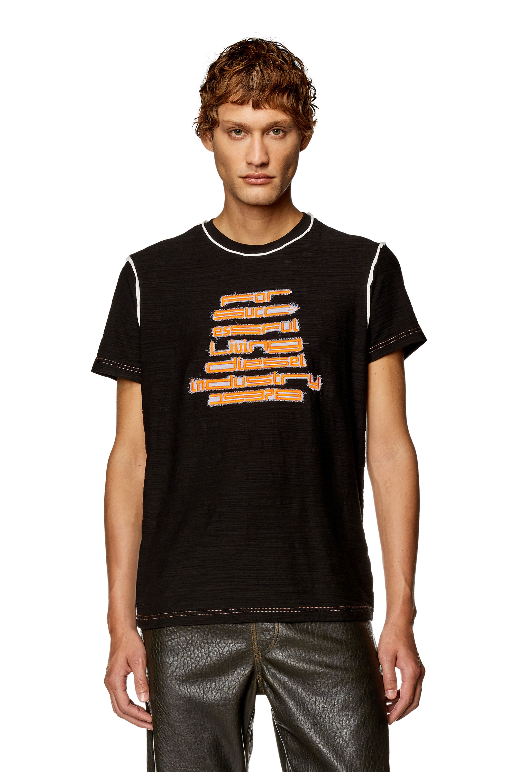 Diesel - T-DIEGOR-RAW-N2, Man Logo-embroidered T-shirt in slub cotton in Black - Image 1