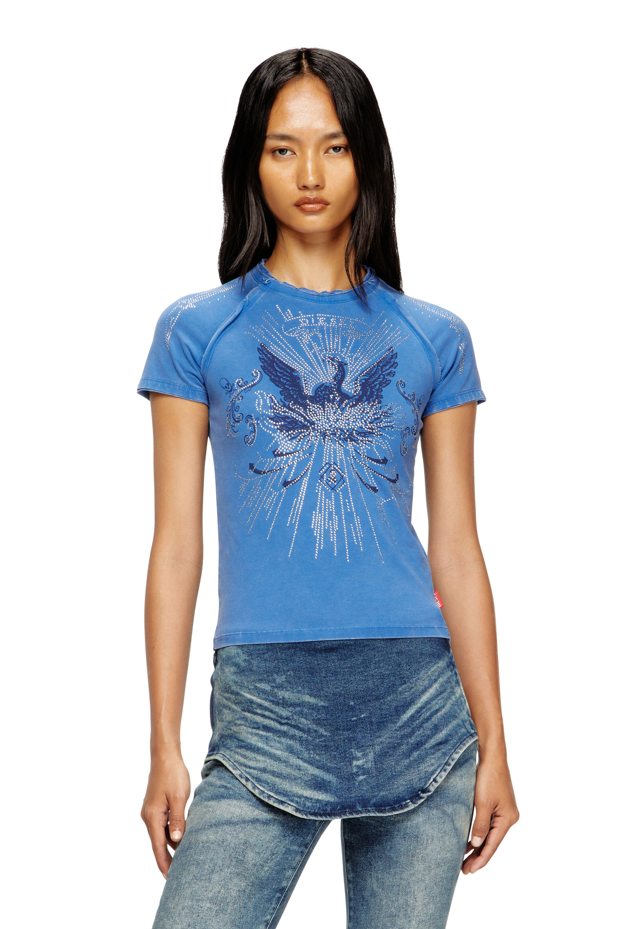 Diesel - T-ROWEENA, Woman's Phoenix T-shirt with rhinestones in Blue - 3