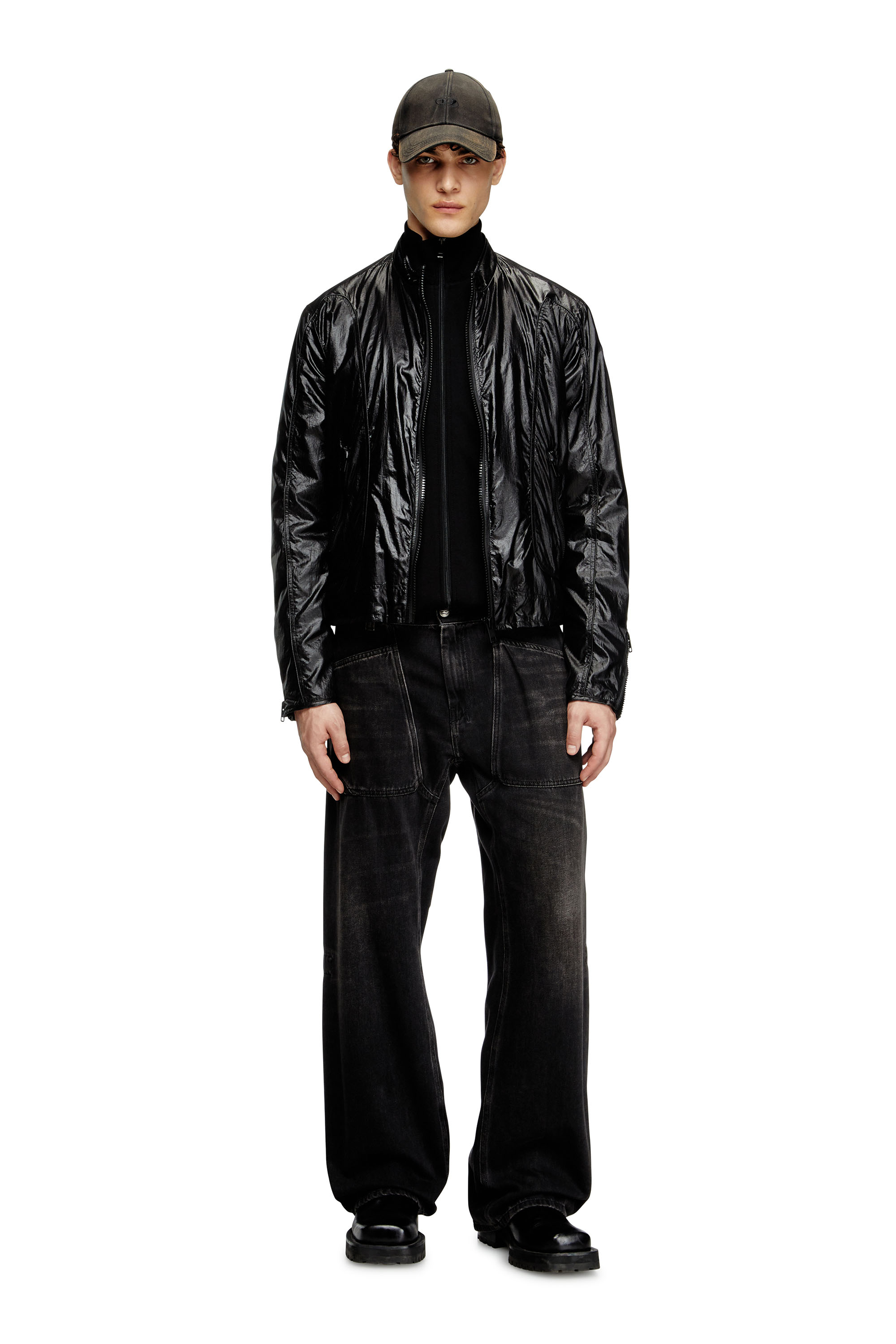 Diesel - J-CLAYS, Man's Biker jacket in shiny ripstop in Black - 1