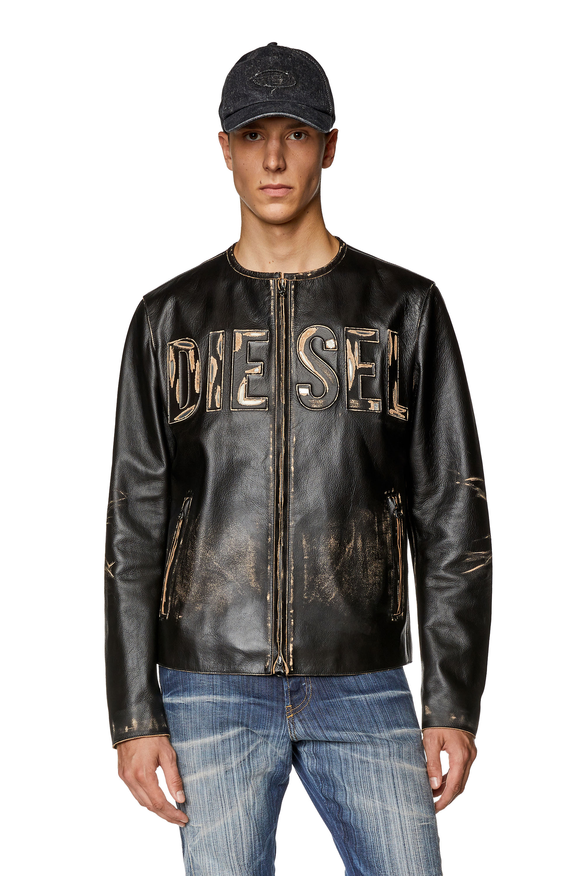 Diesel - L-MET, Man Distressed leather jacket with metal logo in Black - Image 1
