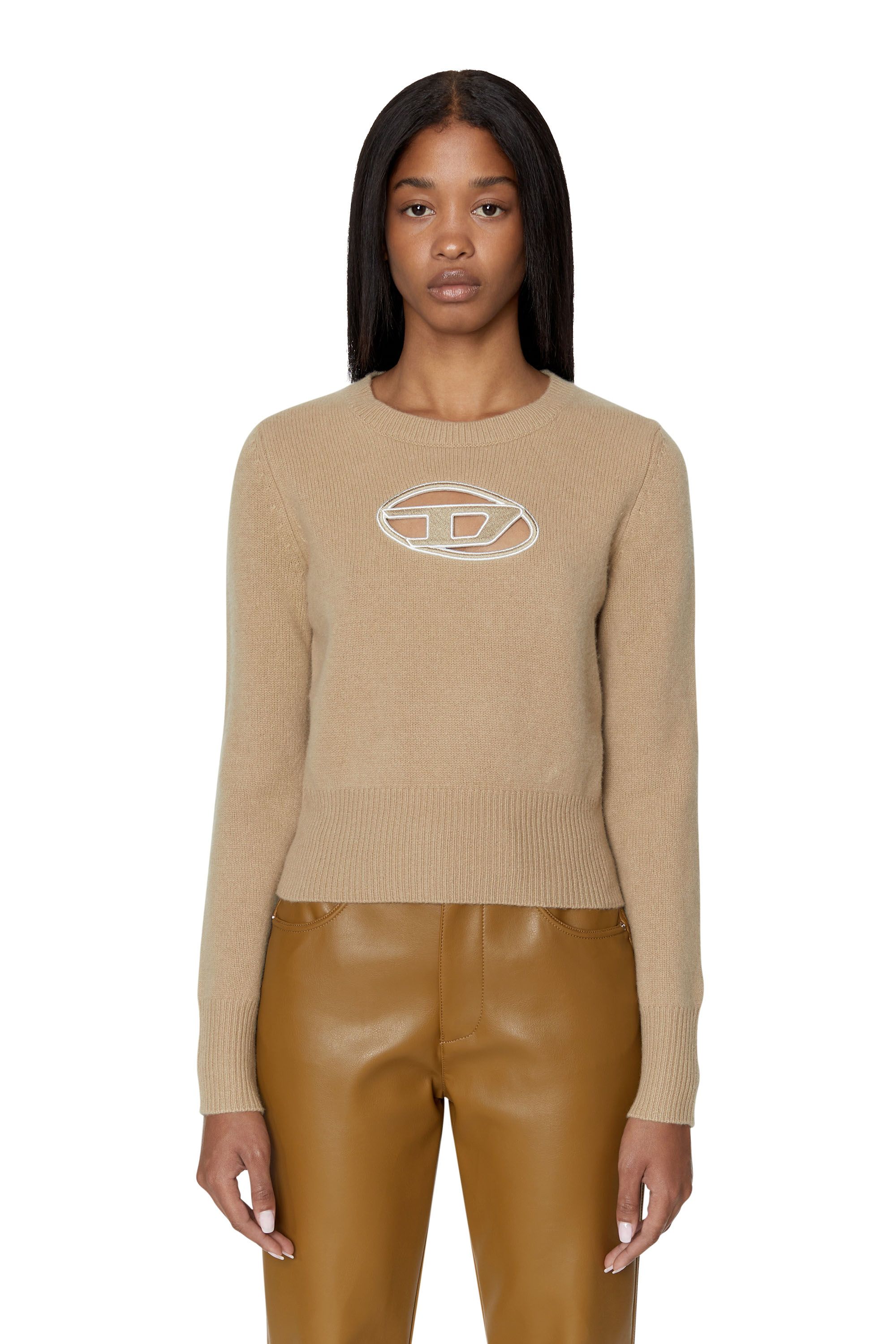 Diesel - M-AREESA, Woman Jumper with embroidered cut-out logo in Beige - Image 1