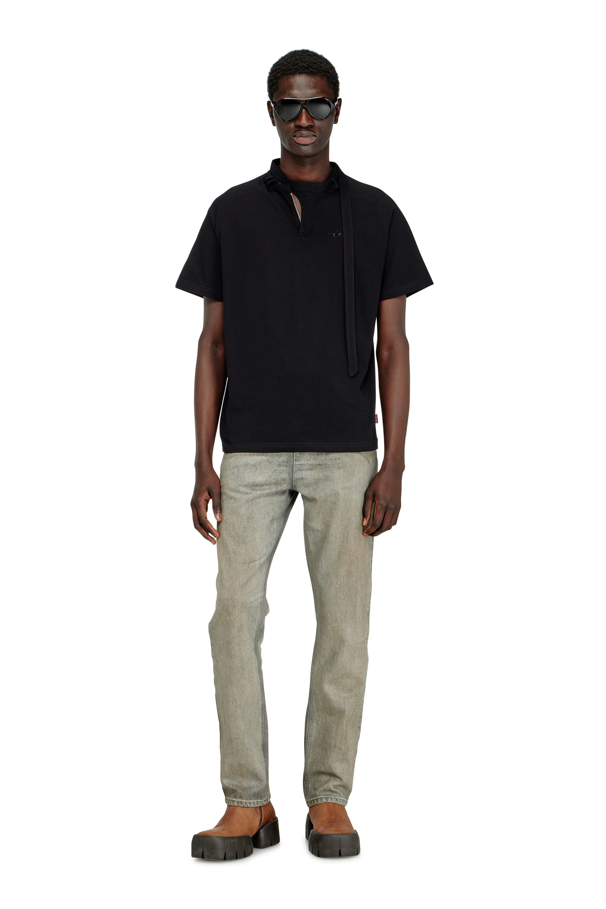 Diesel - T-KAUKO, Man's T-shirt with biker neck strap in Black - 1