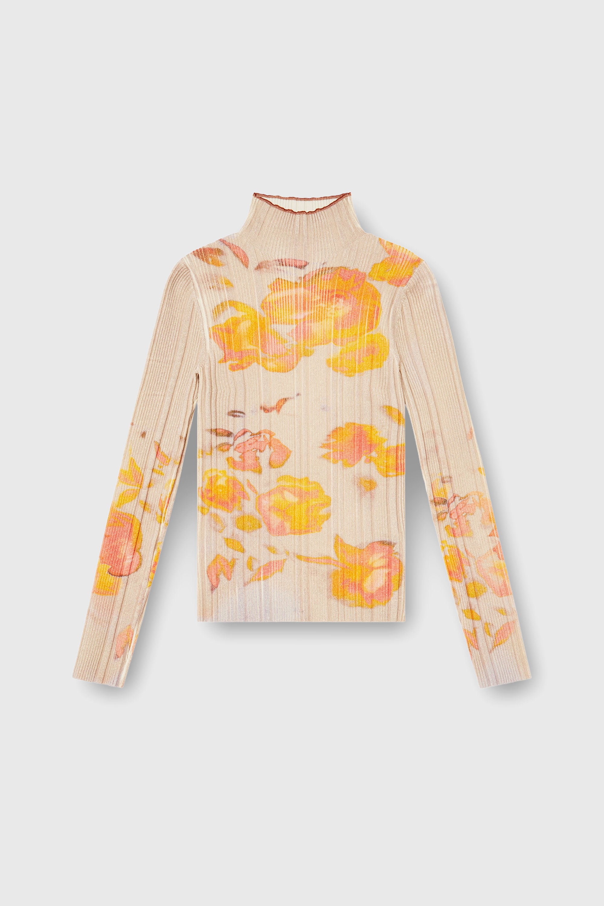 Diesel - M-IORIA, Woman's Ribbed wool turtleneck top with floral print in Yellow/Beige - 2