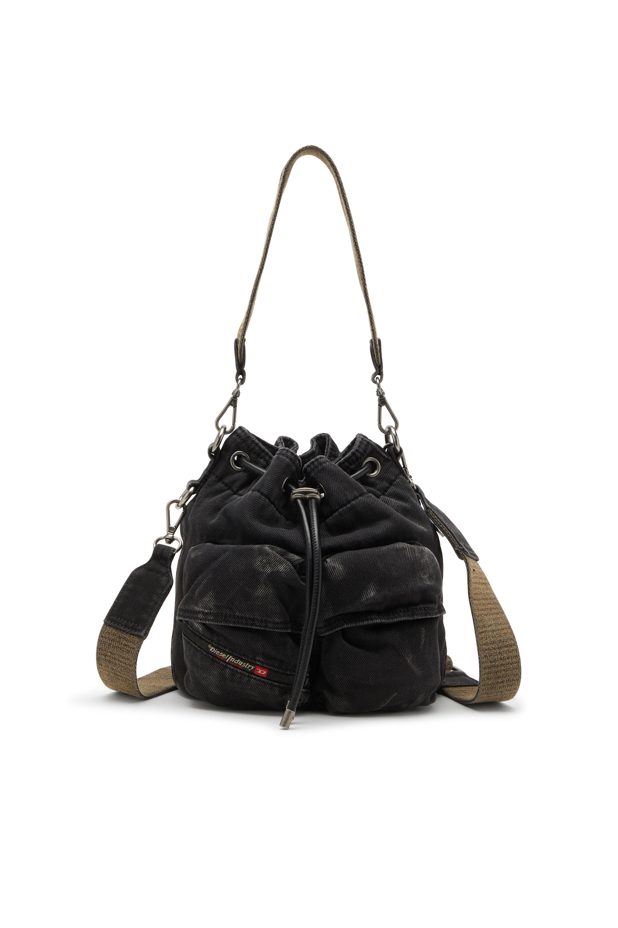 Diesel - MULTI-PKTS BUCKET X, Unisex's Multi-Pkts-Multipocket bucket bag in washed denim in Black - 1
