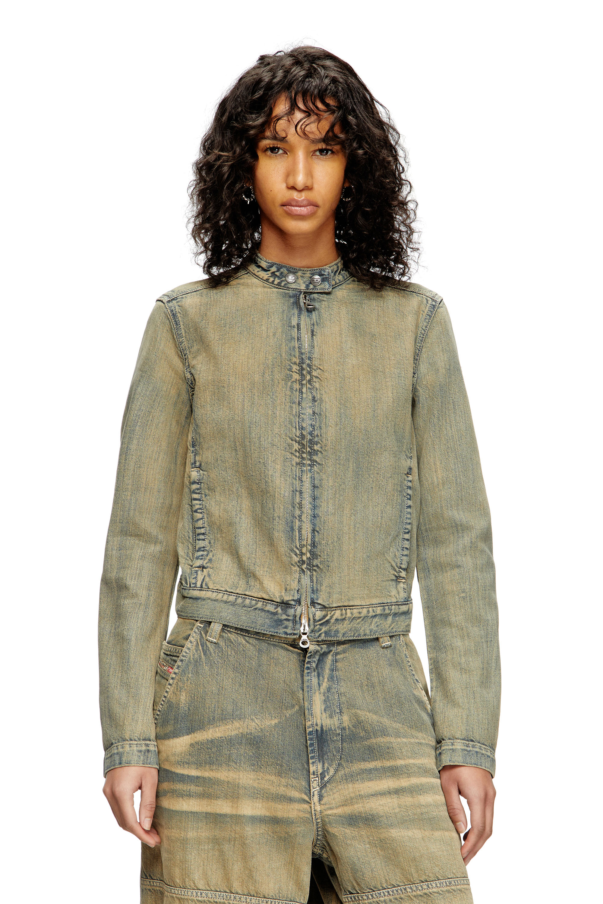 Diesel - DE-MORNIN, Woman's Moto jacket in gold-brush denim in Medium blue - 1