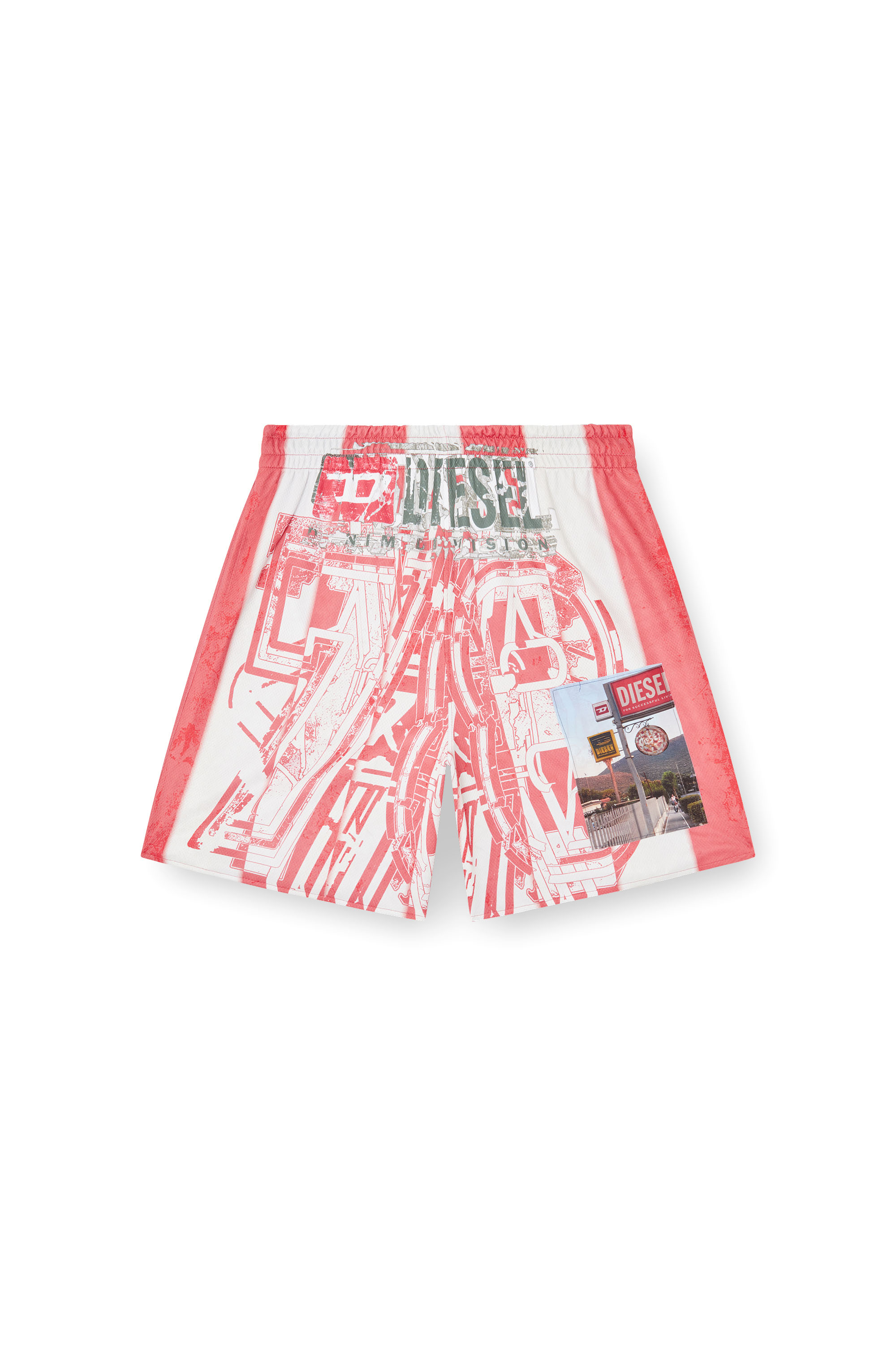Diesel - P-KURT, Man's Striped shorts with photo patches in Red/White - 2
