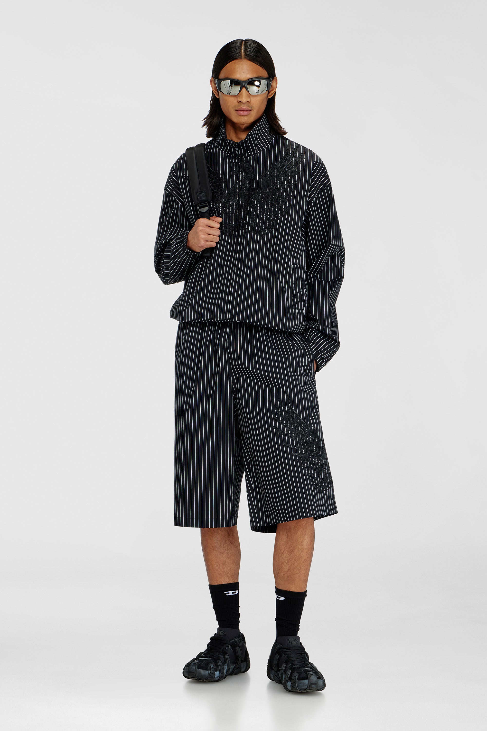 Diesel - P-THEO-SHORT-NJCA, Man's Pinstripe shorts with Phoenix embroidery in Black - 1