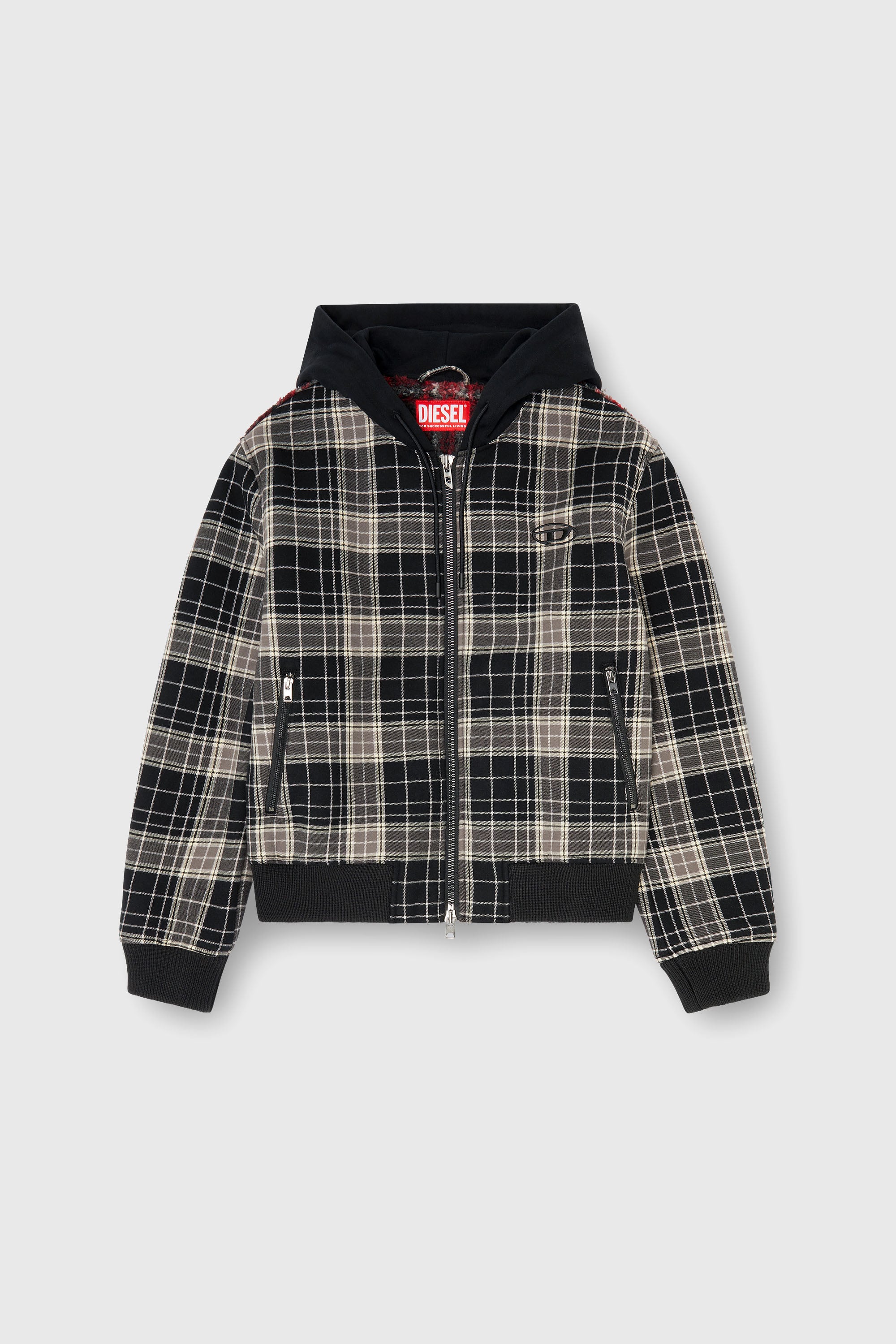 Diesel - W-KUNST, Man's Check-flannel bomber jacket with teddy interior in Grey/Black - 2