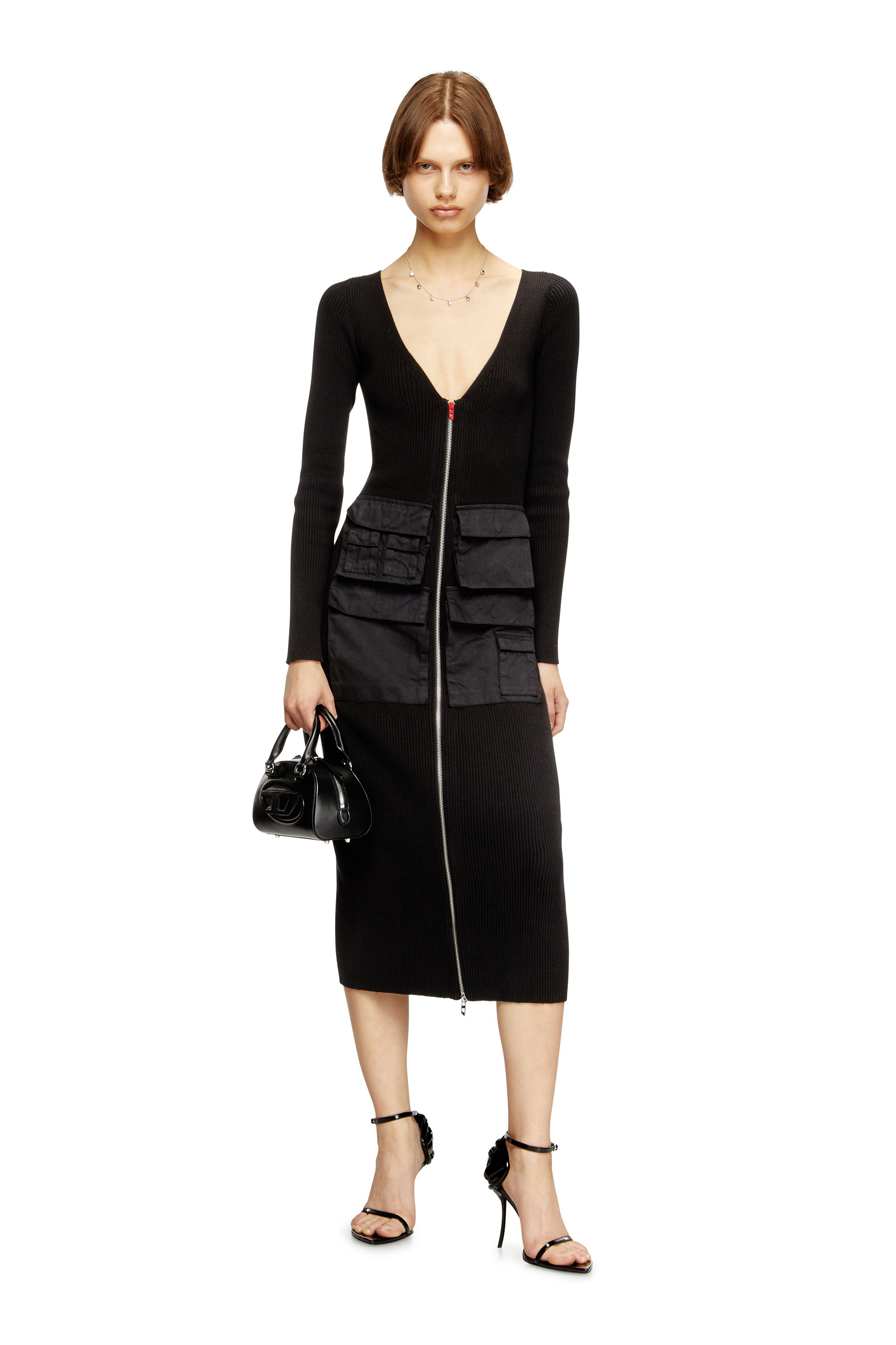 Diesel - M-MELTI-LS, Woman's Ribbed midi dress with cargo pockets in Black - 1