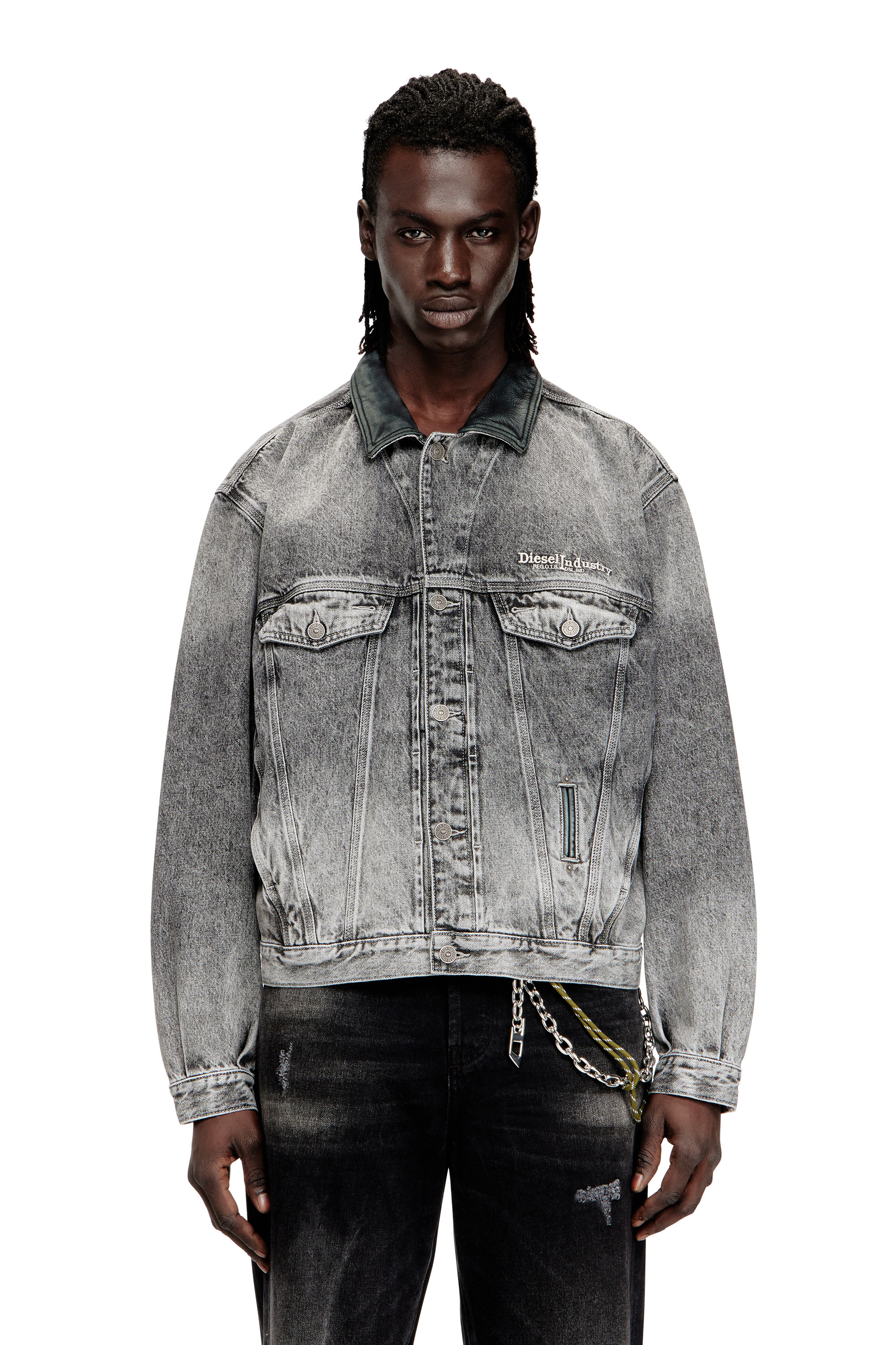 Diesel - D-DENVER-S, Unisex's Denim trucker jacket with tonal leather trims in null - 2