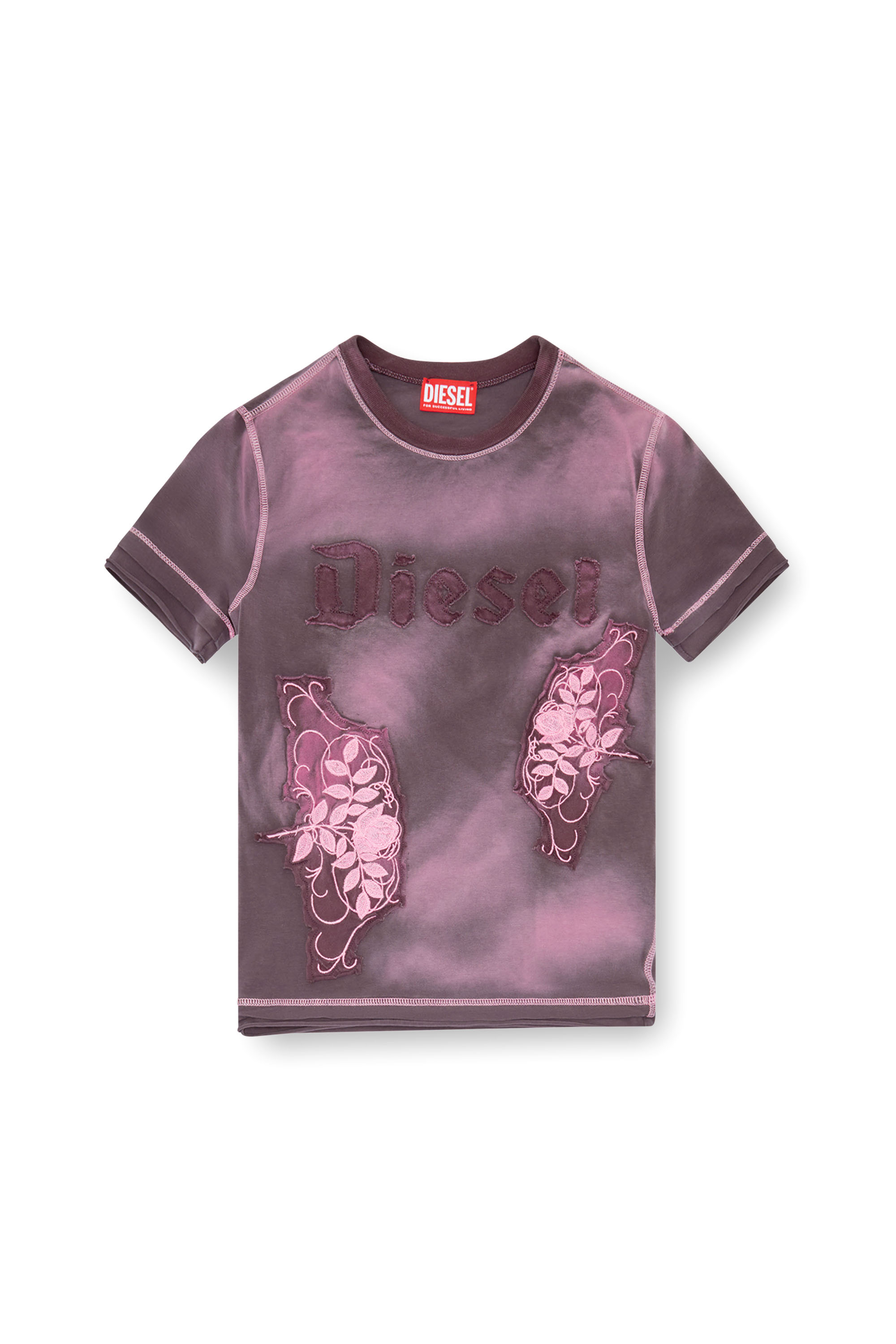 Diesel - T-UNCUT, Woman T-shirt with embroidered floral patches in Violet - Image 3