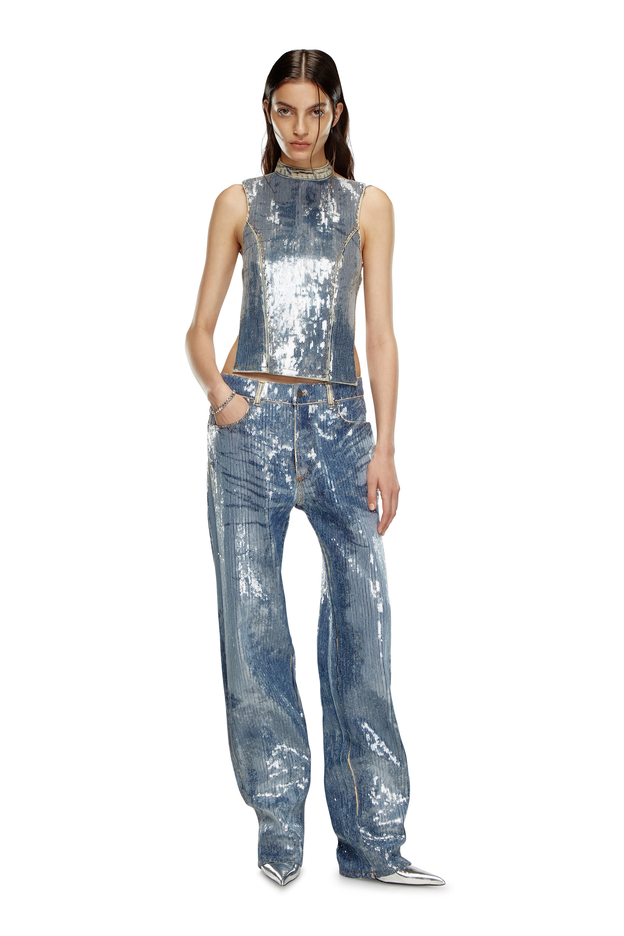 Diesel - DE-CAMY-S, Woman's Open-back top in sequined denim in Medium blue - 2