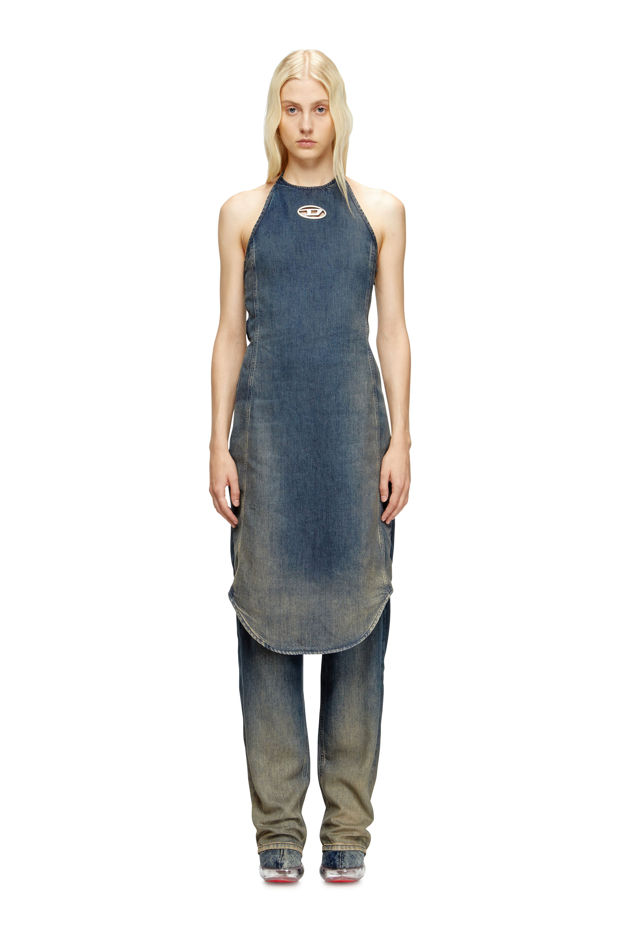 Diesel - DE-CYNTHIA-S, Woman's Halter jumpsuit in gradient fluid denim in Dark Blue - 3