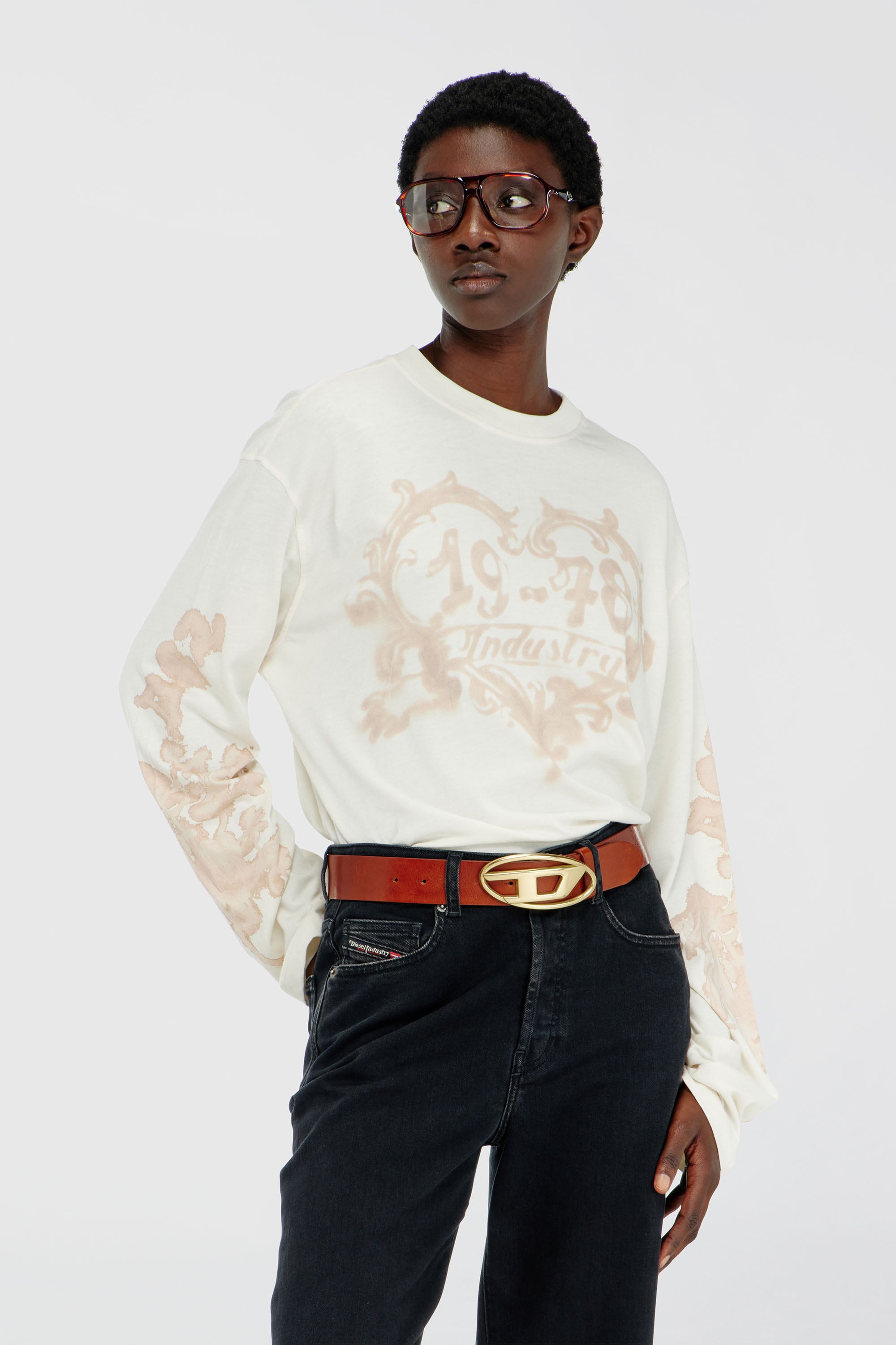 Diesel - T-HILARY-LS-AA1, Woman's Cotton long-sleeve T-shirt with graphic print in White/Pink - 1