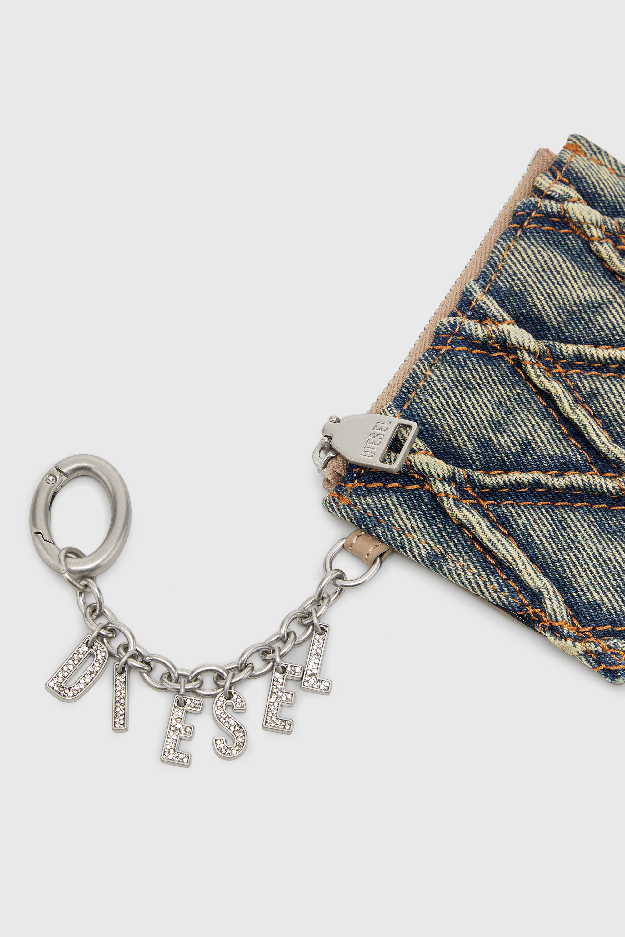 Diesel - CARD HOLDER WITH CHAIN, Woman's Card holder in argyle quilted denim in Blue - 4