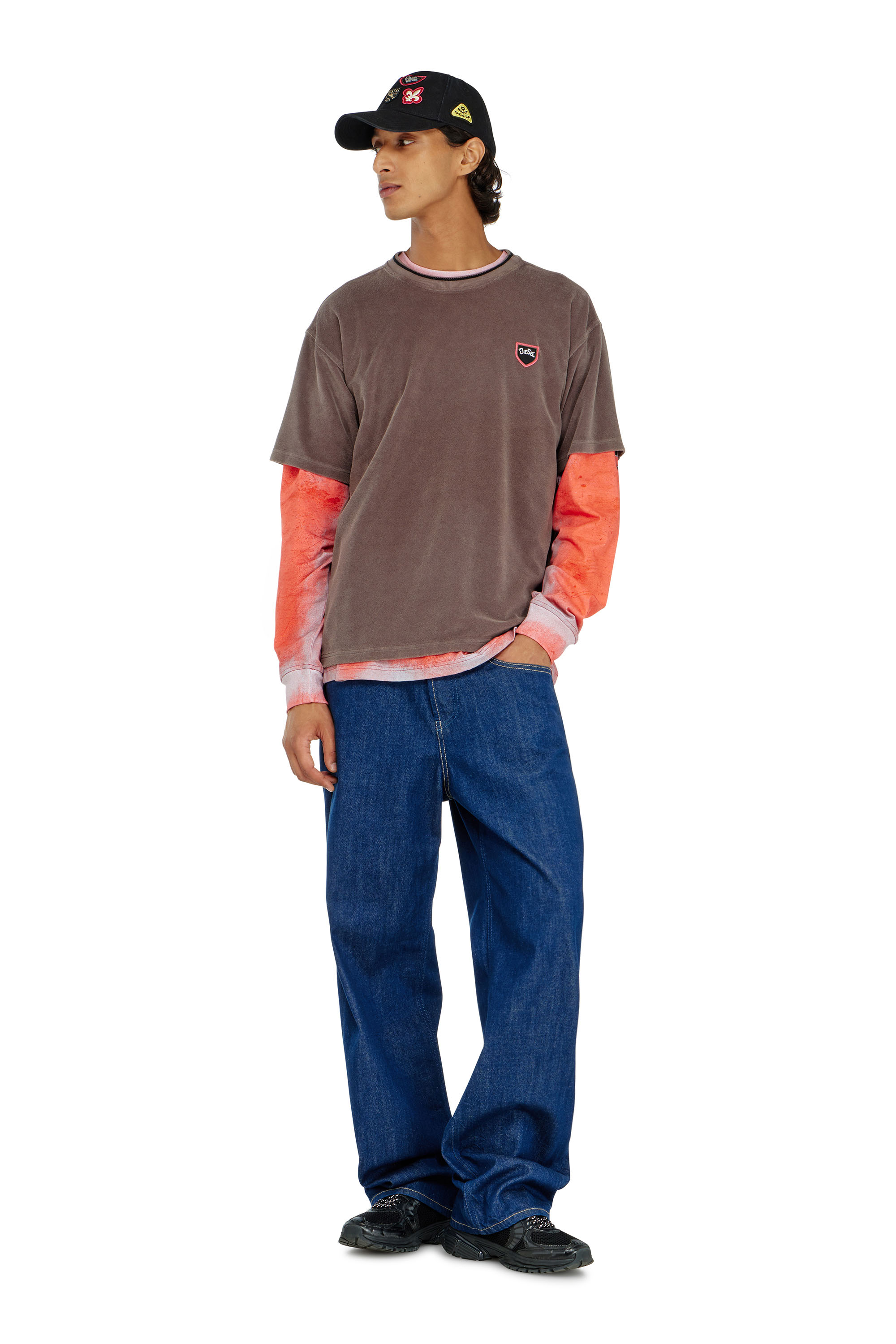 Diesel - T-SPONGY, Man's Chenille T-shirt with shield patch in Brown - 2