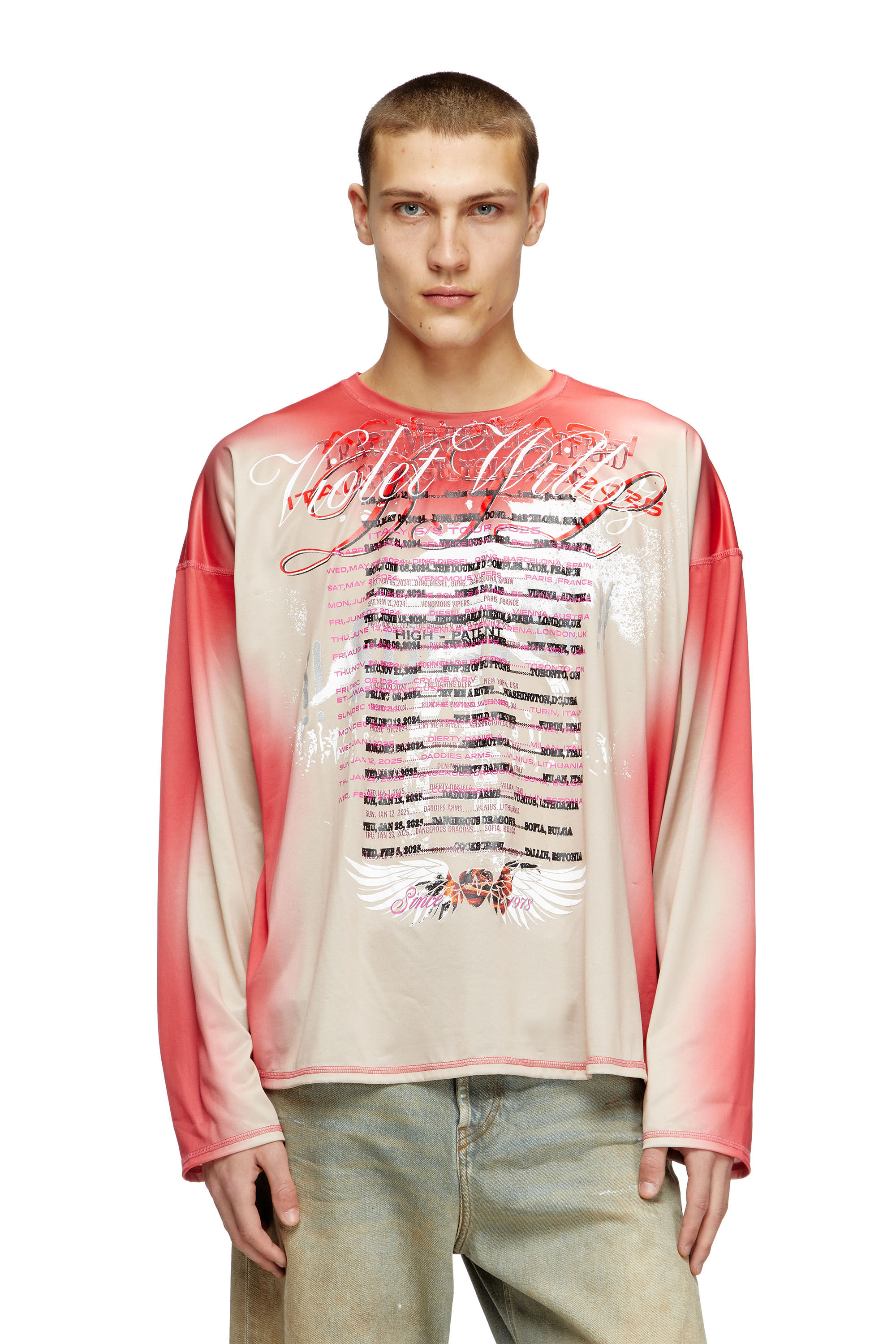Diesel - T-OLAVI-BB, Unisex's Long-sleeve tech-jersey T-shirt with lyrics print in Pink - 3