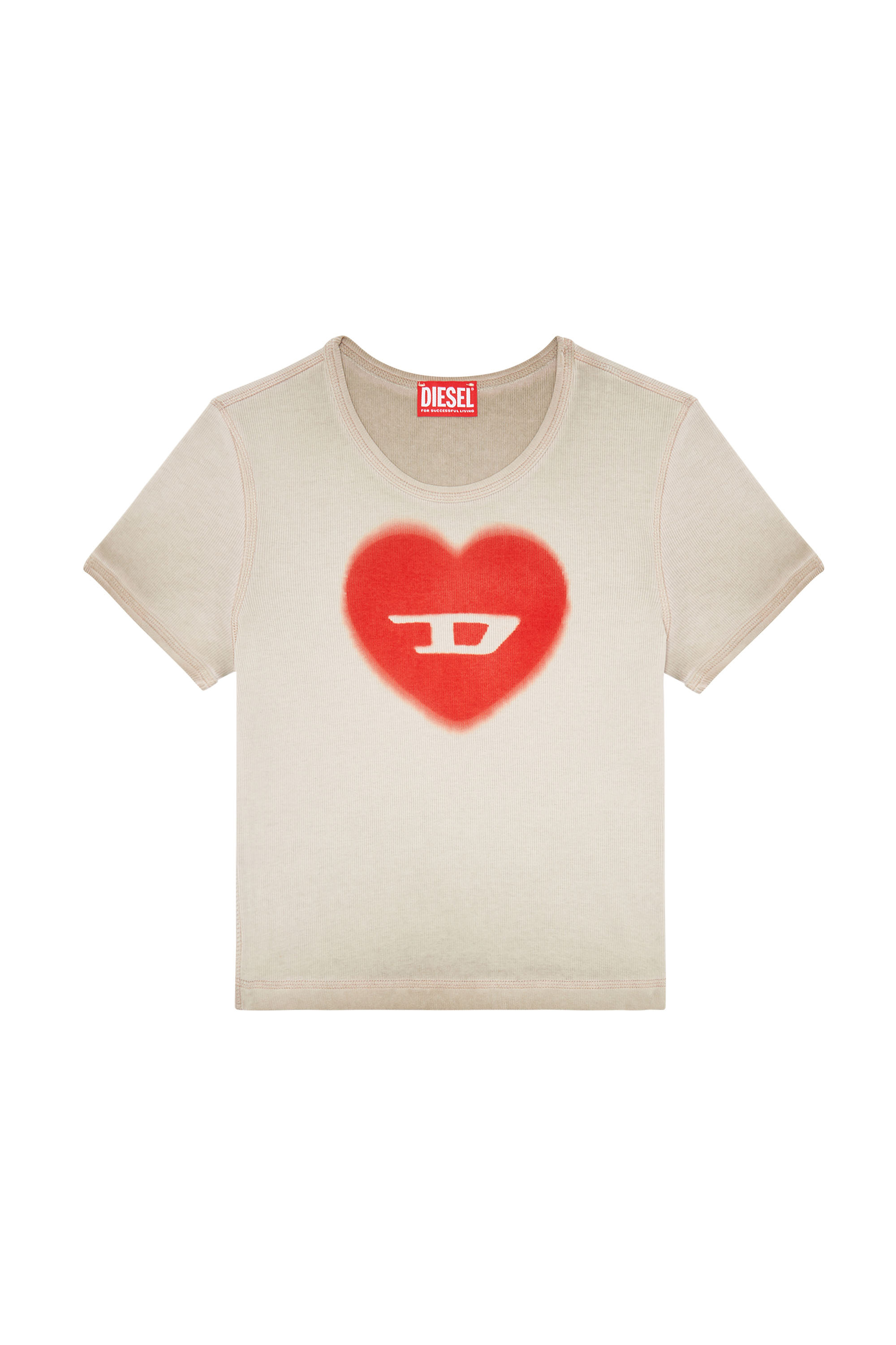 Diesel - T-ELE, Woman's Ribbed T-shirt with watercolour heart D in Beige - 2