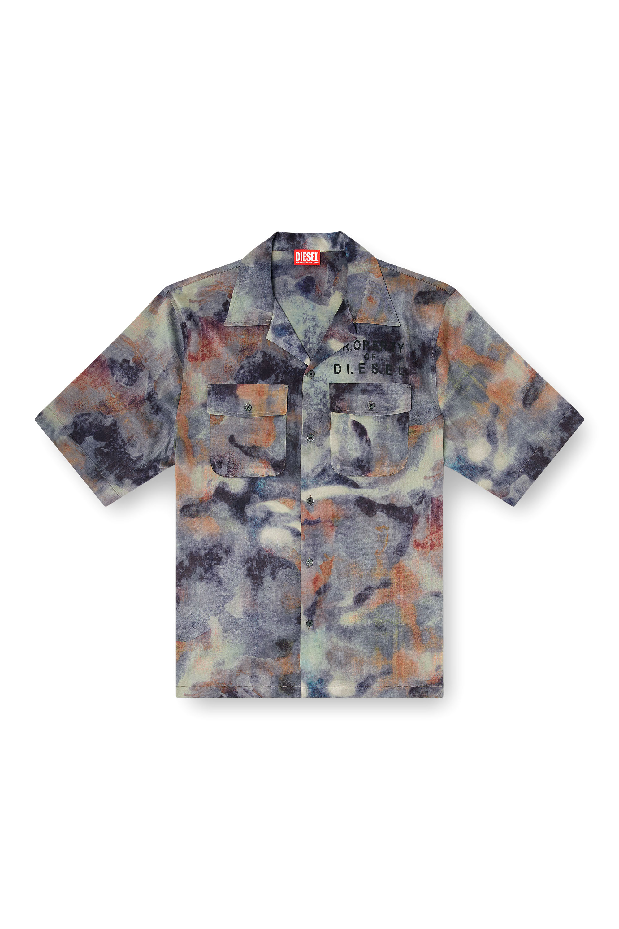 Diesel - S-BRACK-DMBN, Man's Satin shirt with all-over camo print in Blue/Brown - 3