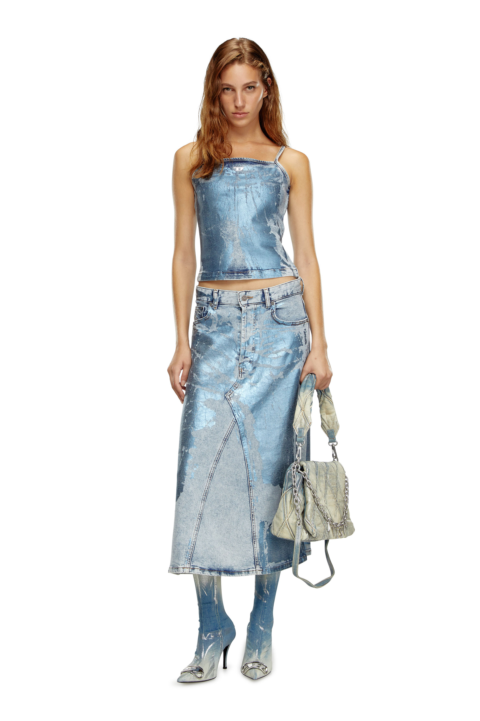 Diesel - DE-PAGO-MID-S, Woman's Midi skirt in pop-colour denim in Light Blue - 2