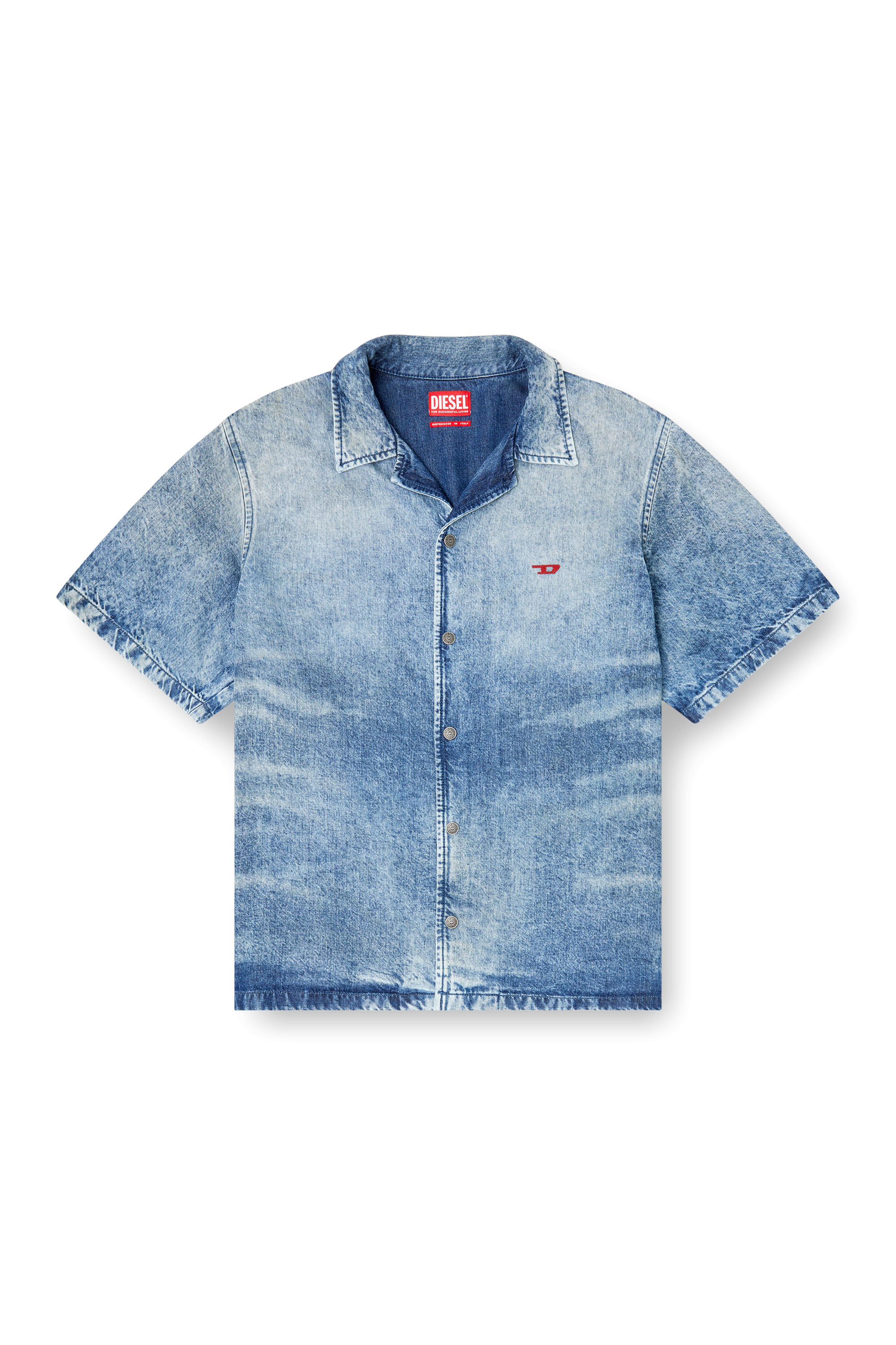 Diesel - D-NABIL-FSG, Man's Bowling shirt in distressed denim in Medium blue - 3