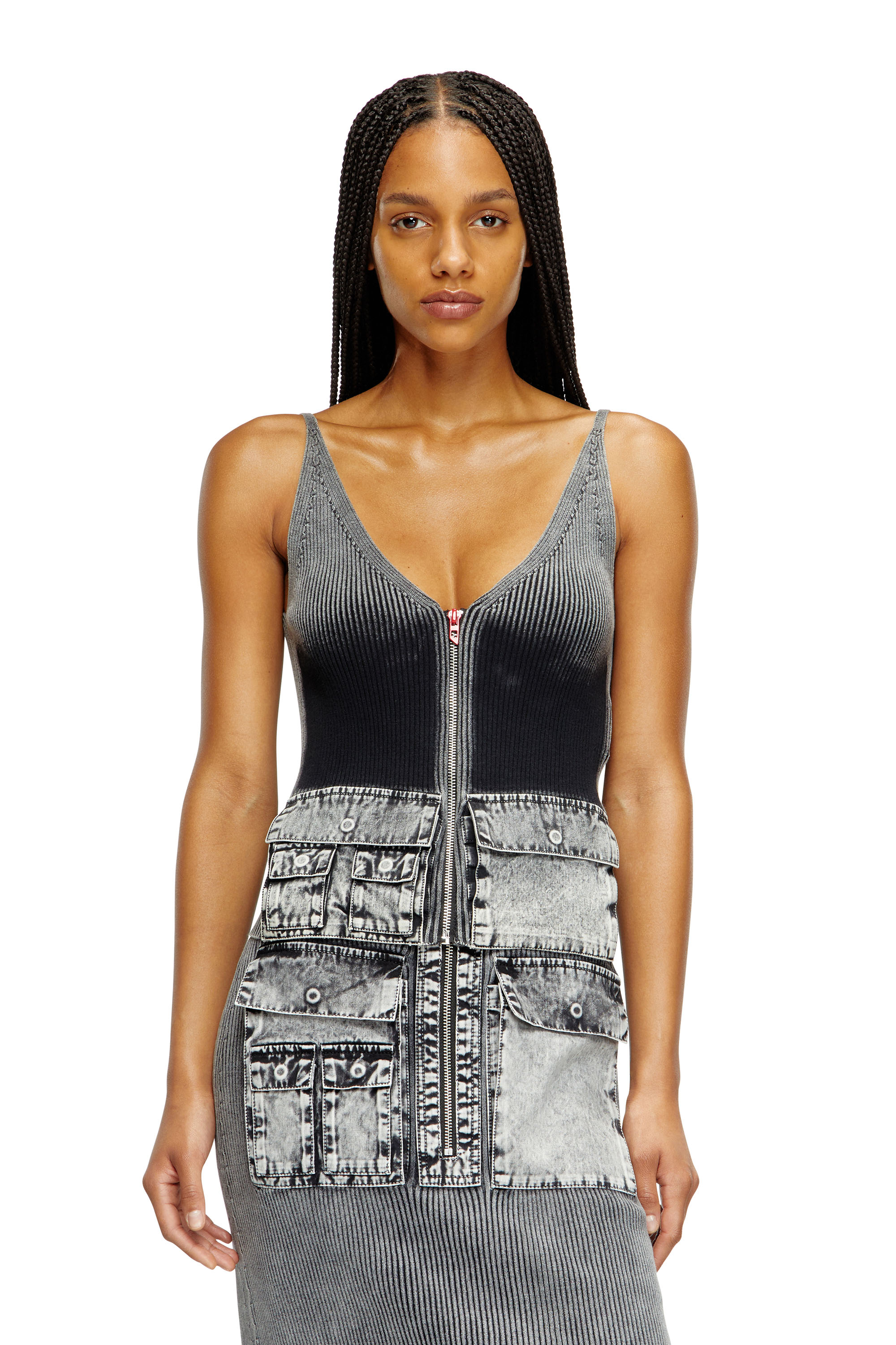 Diesel - M-MELLY, Woman's Knit tank top with denim cargo pockets in Dark grey - 3