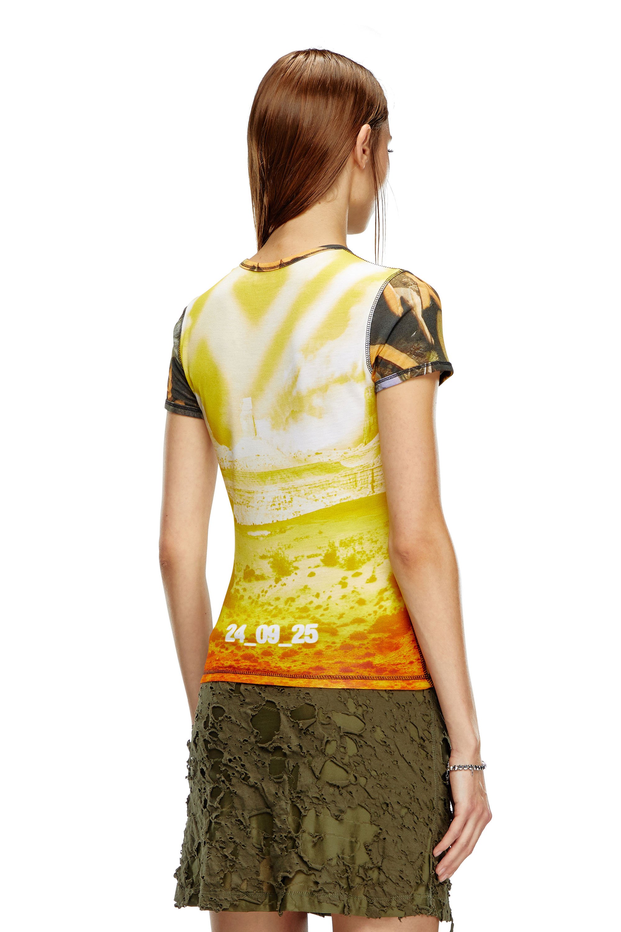 Diesel - T-UNCUTIE-LONG-P8, Woman Viscose T-shirt with poster print in Green - Image 3
