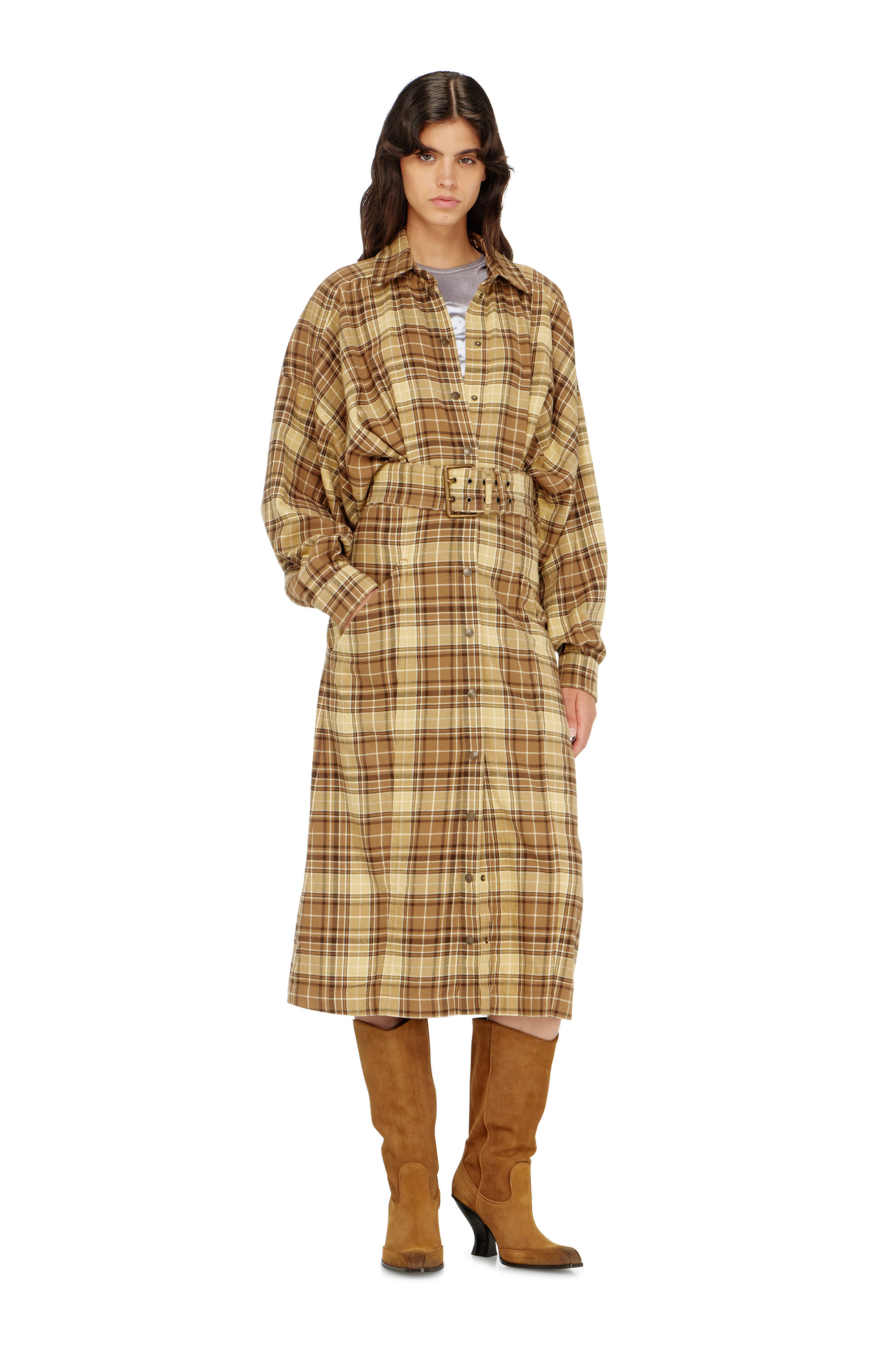 Diesel - D-EDALUS, Woman's Midi dress in check flannel with wide belt in null - 2