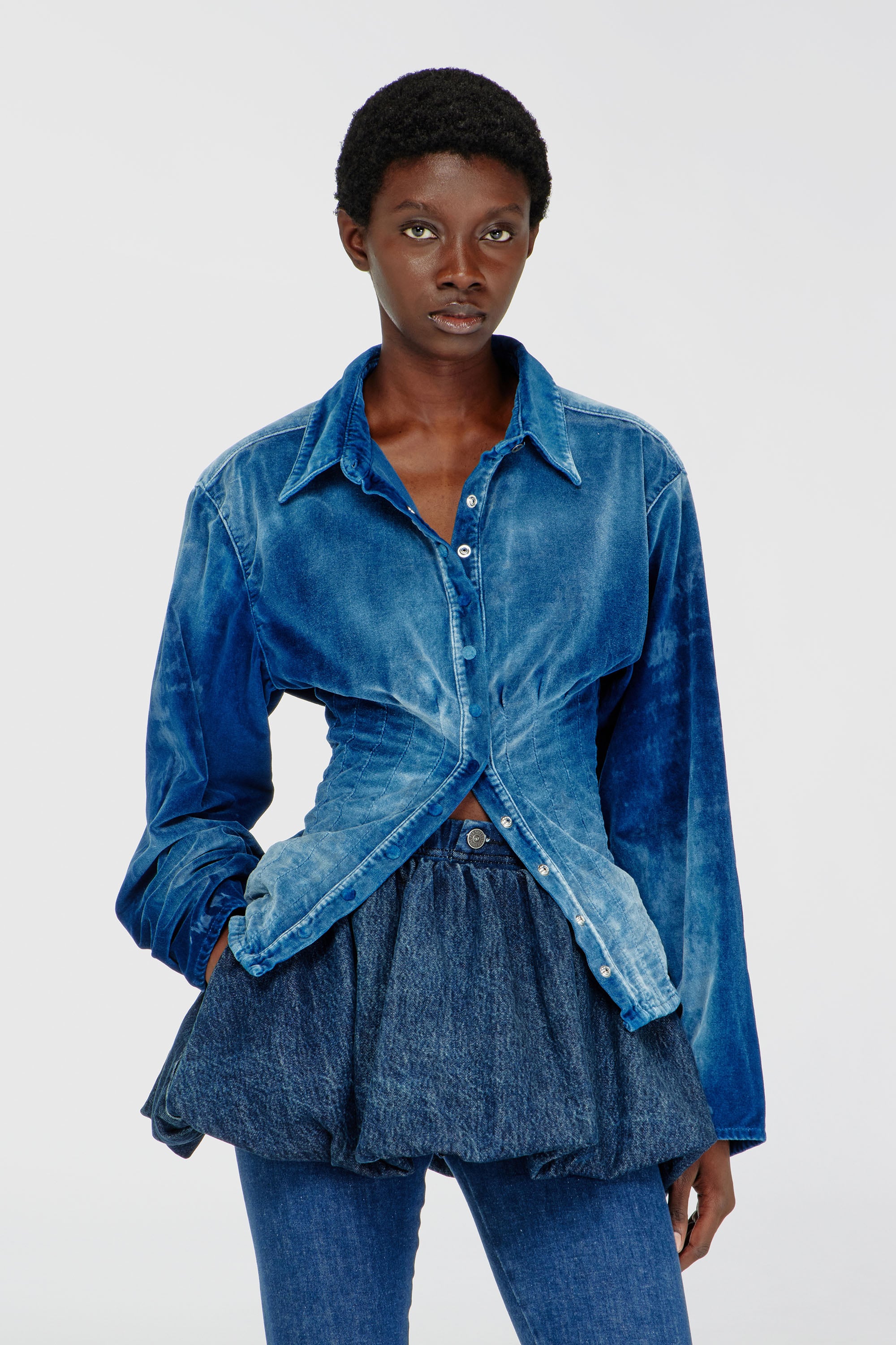 Diesel - DE-SINDI-FSJ, Woman's Shirt in velvet denim in Dark Blue - 2