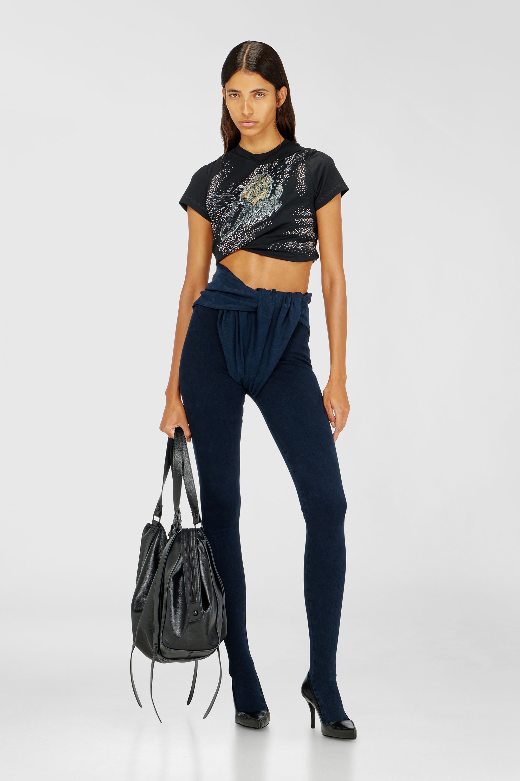 Diesel - T-WINCY, Woman's Rucked-up T-shirt in double-layer jersey in Black - 2
