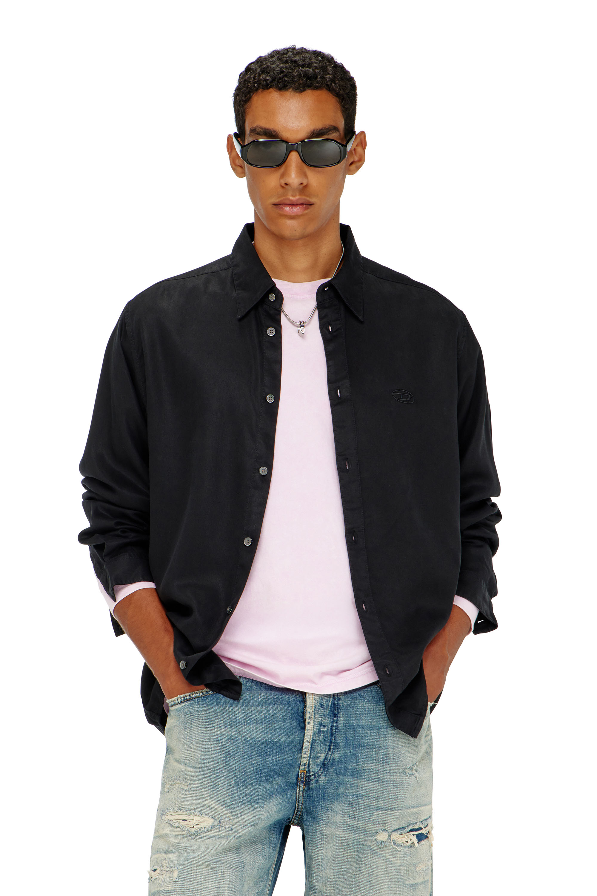 Diesel - S-SIMPLY-C, Man's Fluid shirt with logo embroidery in Black - 3