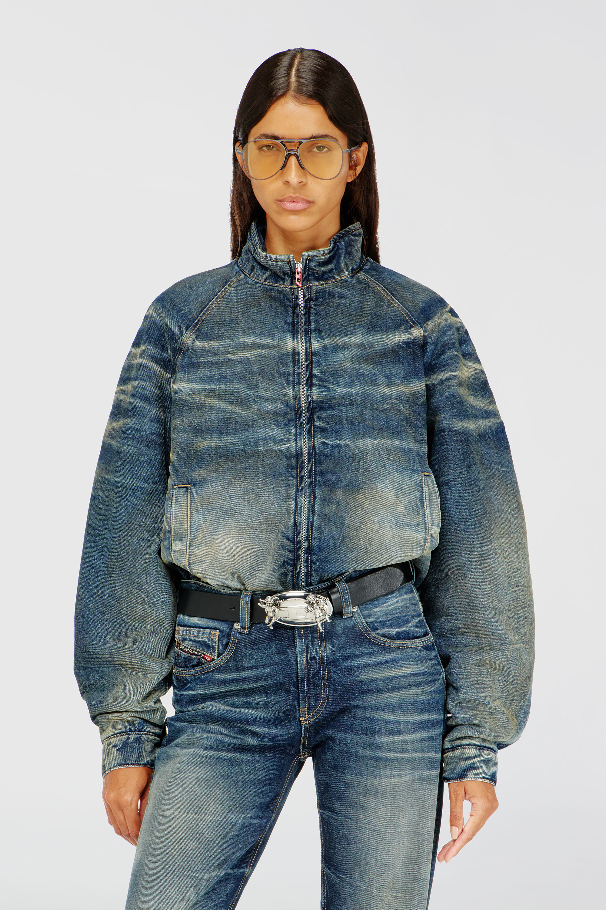 Diesel - DE-BARUS-FSJ1, Woman's Padded jacket in dirty-effect creased denim in Medium blue - 1