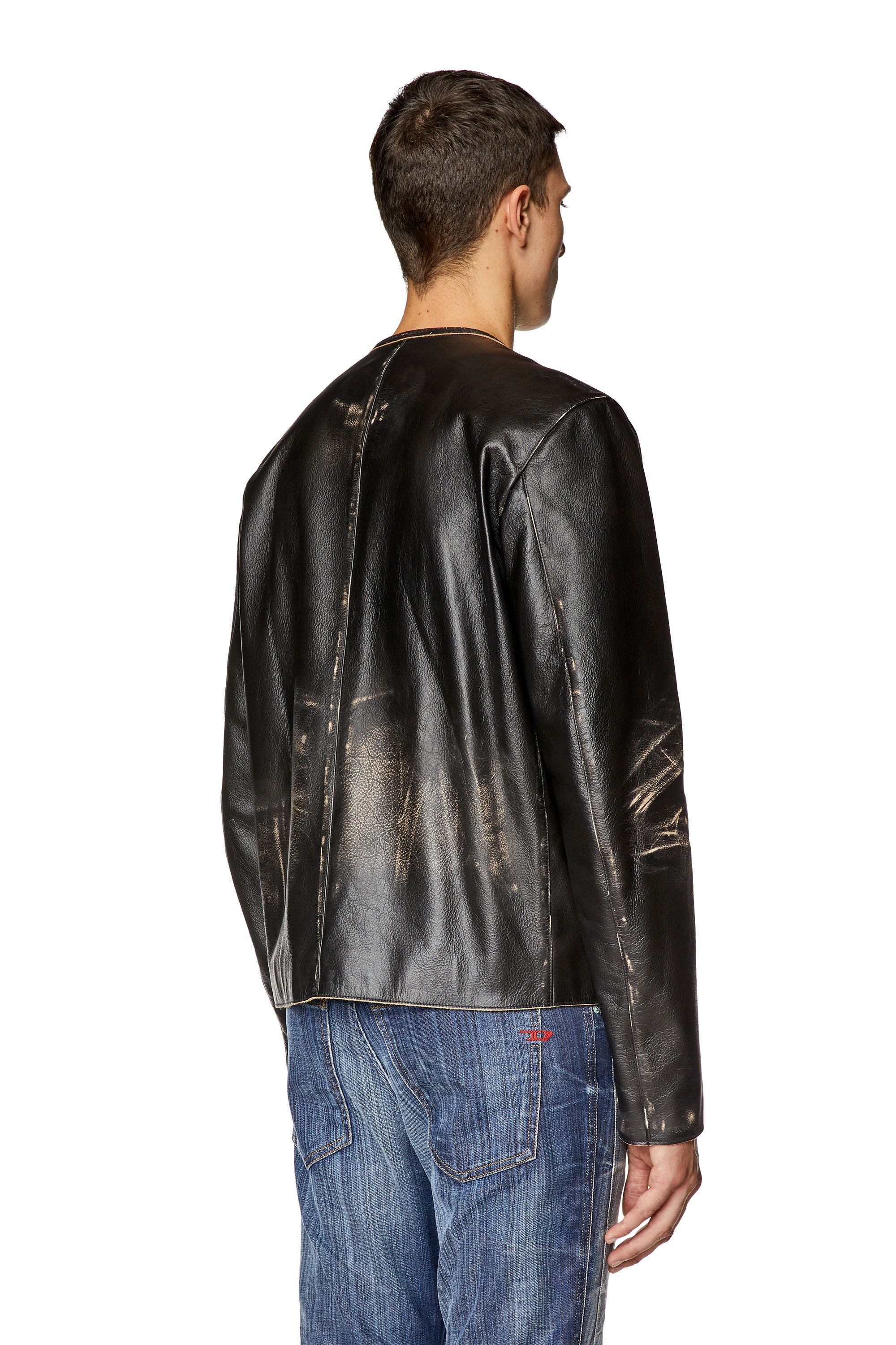 Diesel - L-MET, Man Distressed leather jacket with metal logo in Black - Image 4