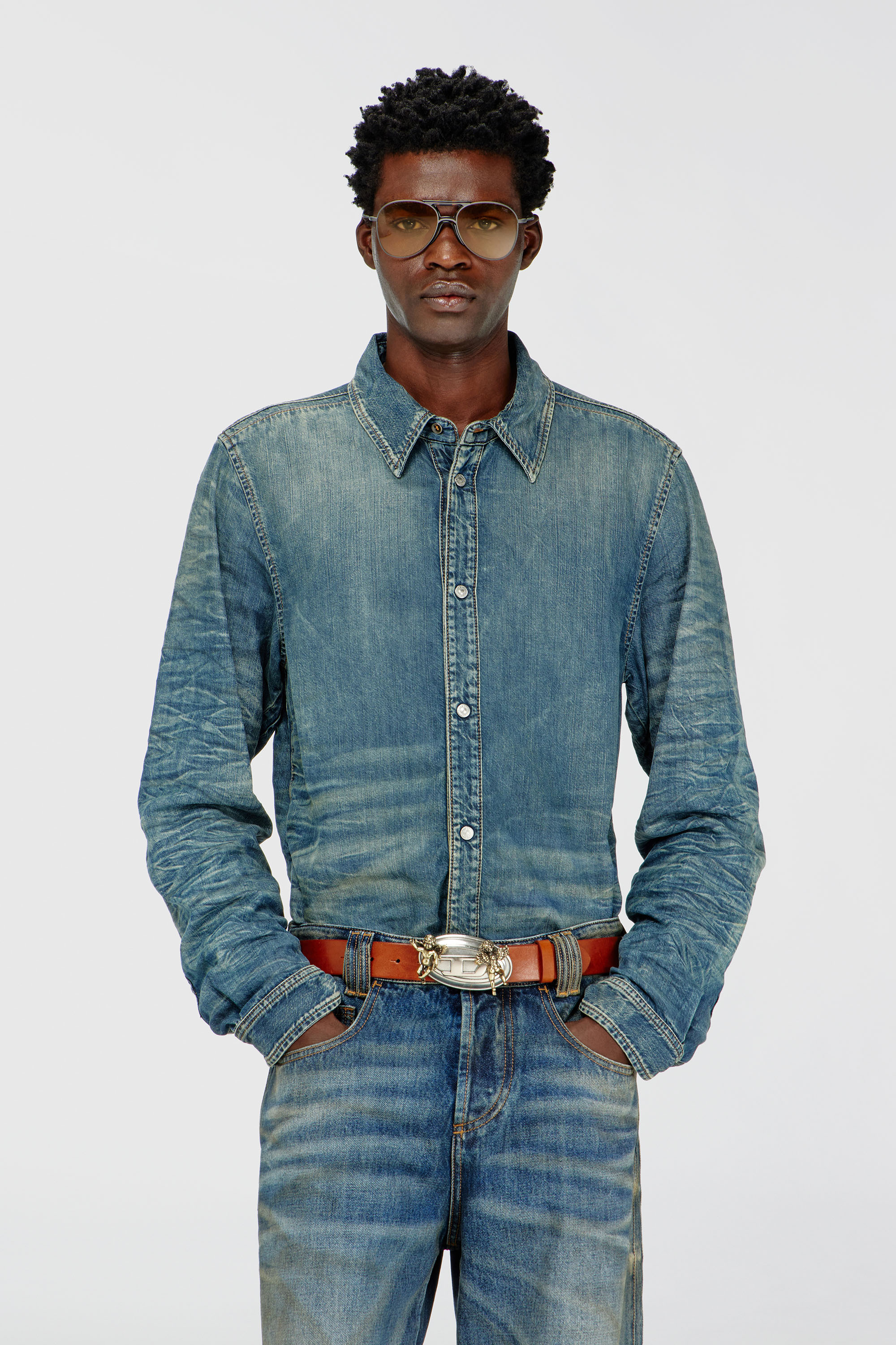 Diesel - D-SYNAR-FSJ4, Man's Shirt in dirty-effect creased denim in Medium blue - 3