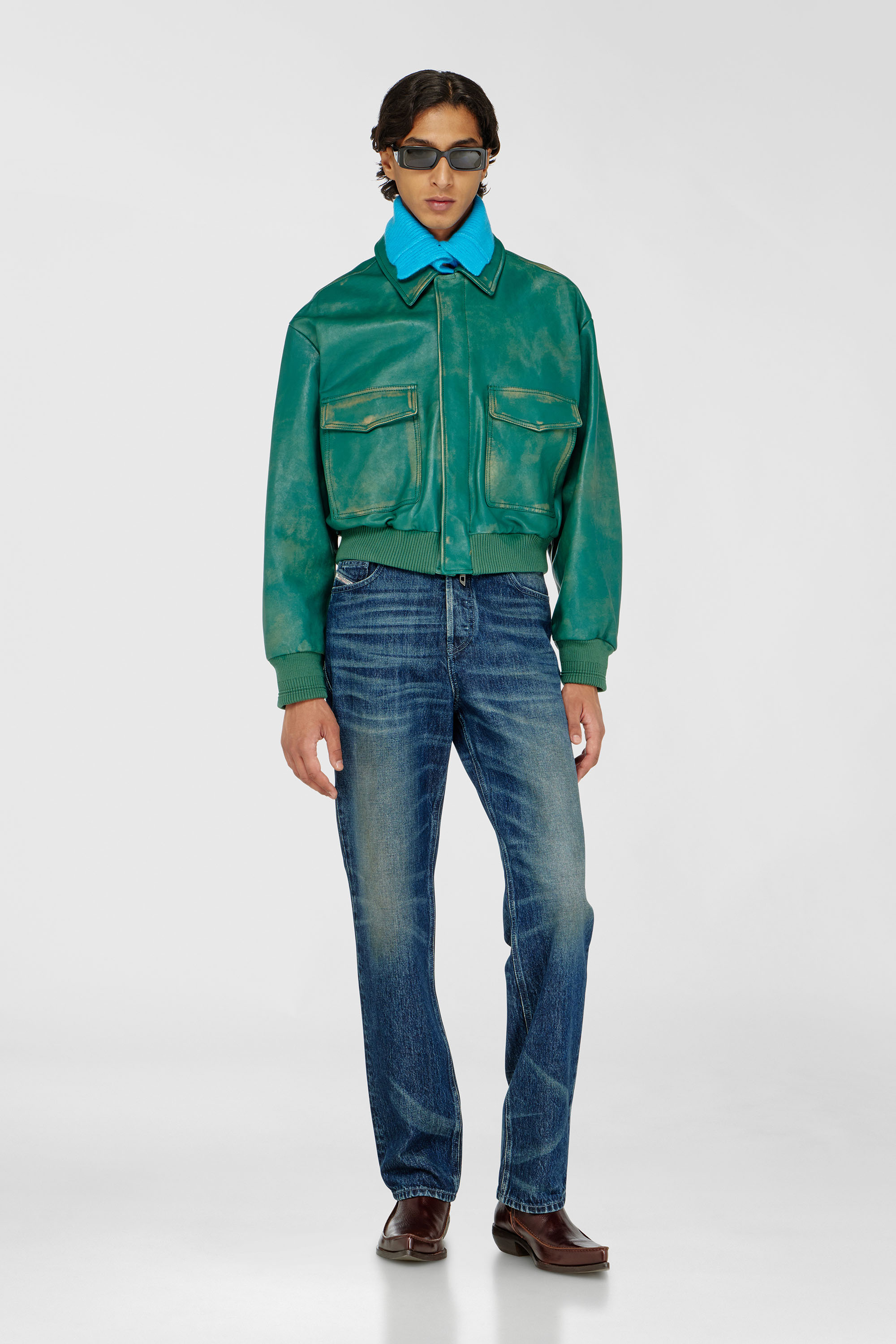 Diesel - L-UMAN, Man's Aviator jacket in treated leather in Dark Green - 2