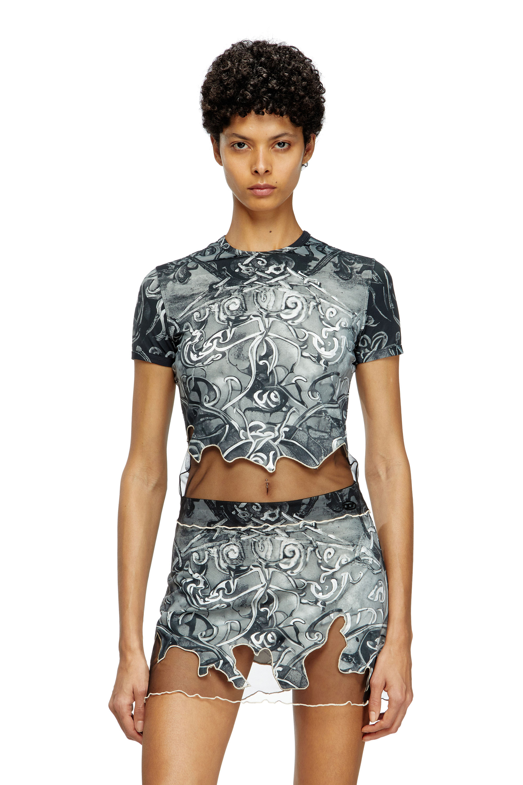 Diesel - T-INLAY, Woman's Nylon T-shirt with Heraldic print in Black/Grey - 3